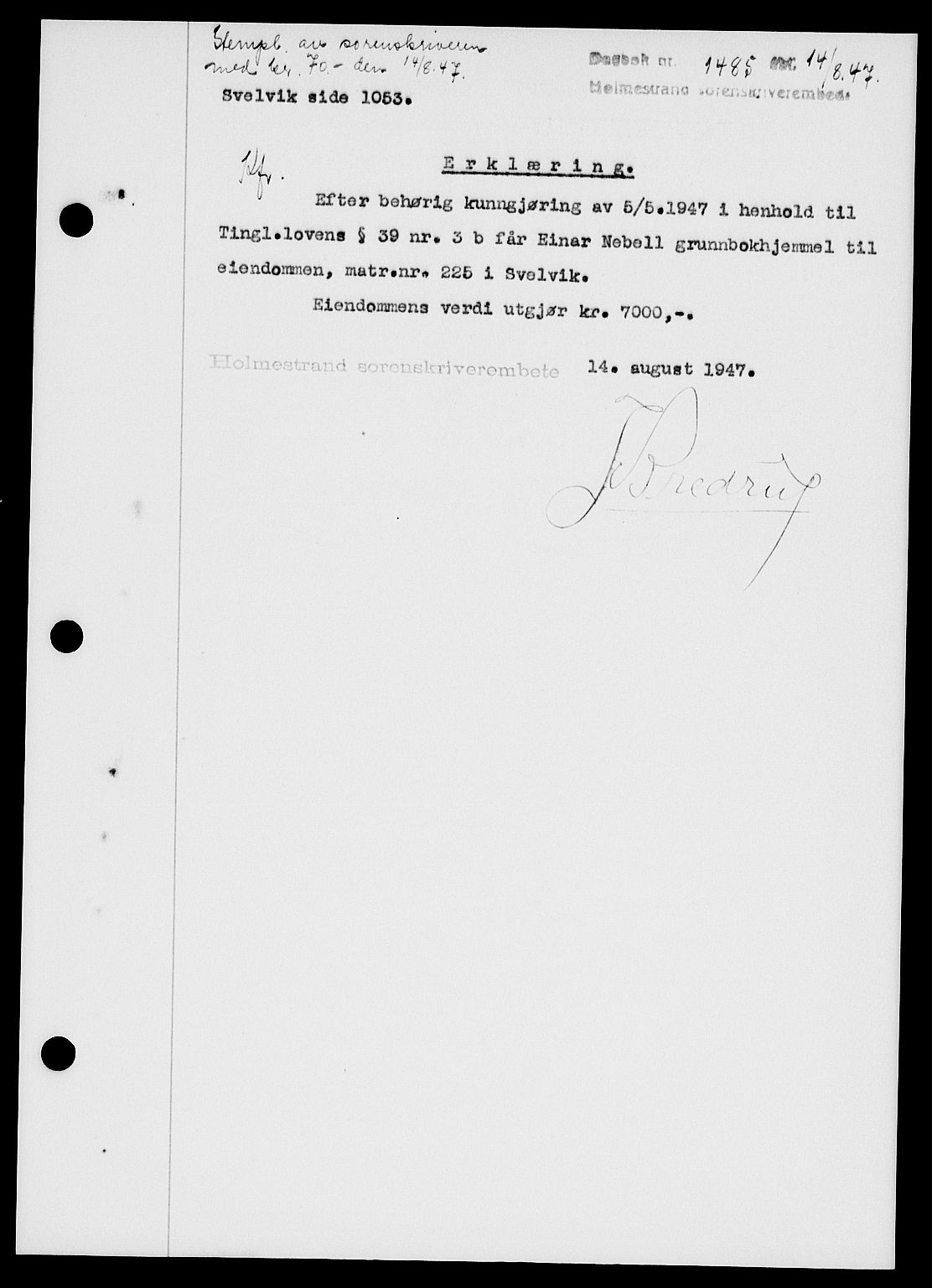 Holmestrand sorenskriveri, SAKO/A-67/G/Ga/Gaa/L0062: Pantebok nr. A-62, 1947-1947, Dagboknr: 1485/1947