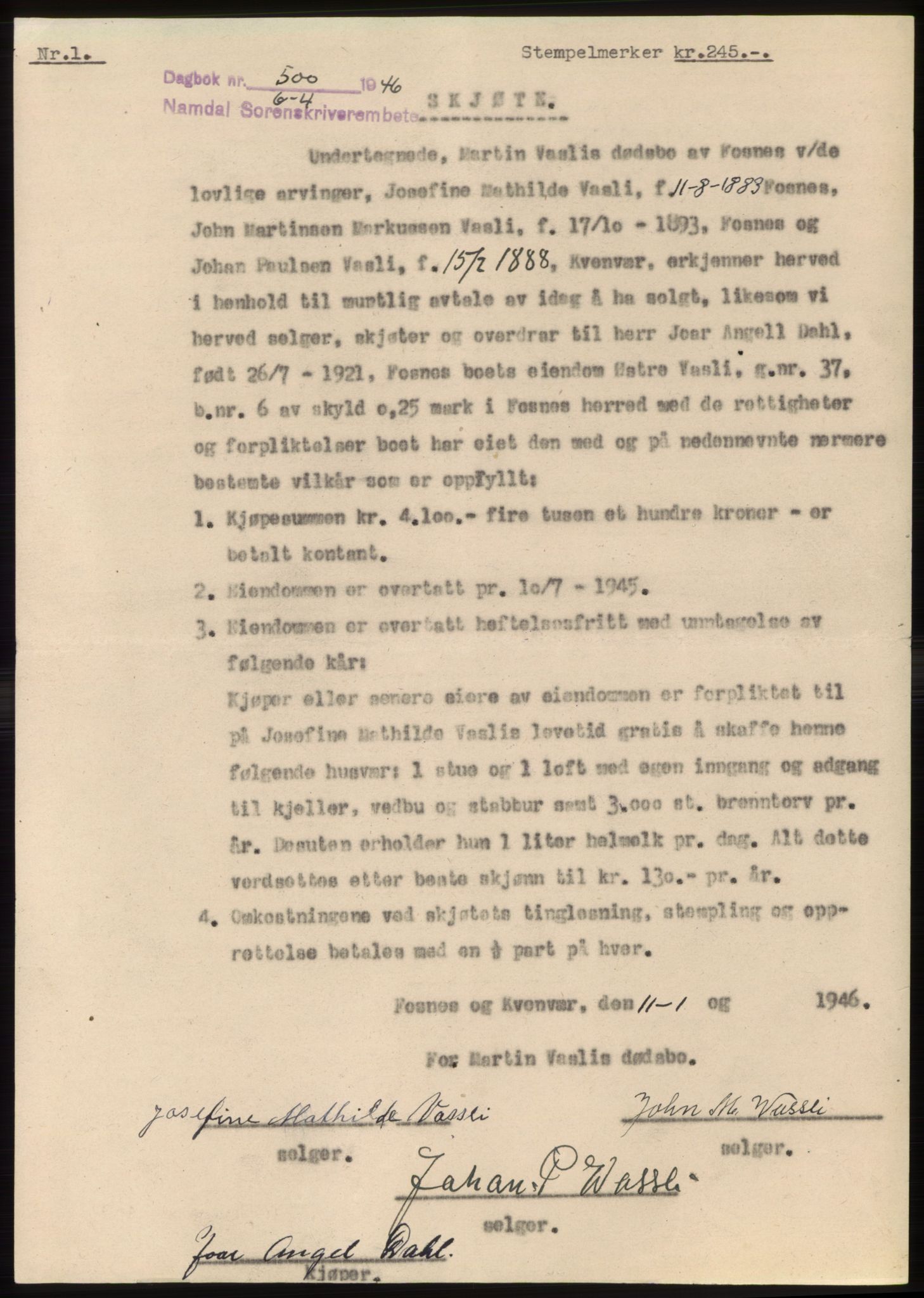 Namdal sorenskriveri, SAT/A-4133/1/2/2C: Pantebok nr. -, 1946-1946, Dagboknr: 500/1946