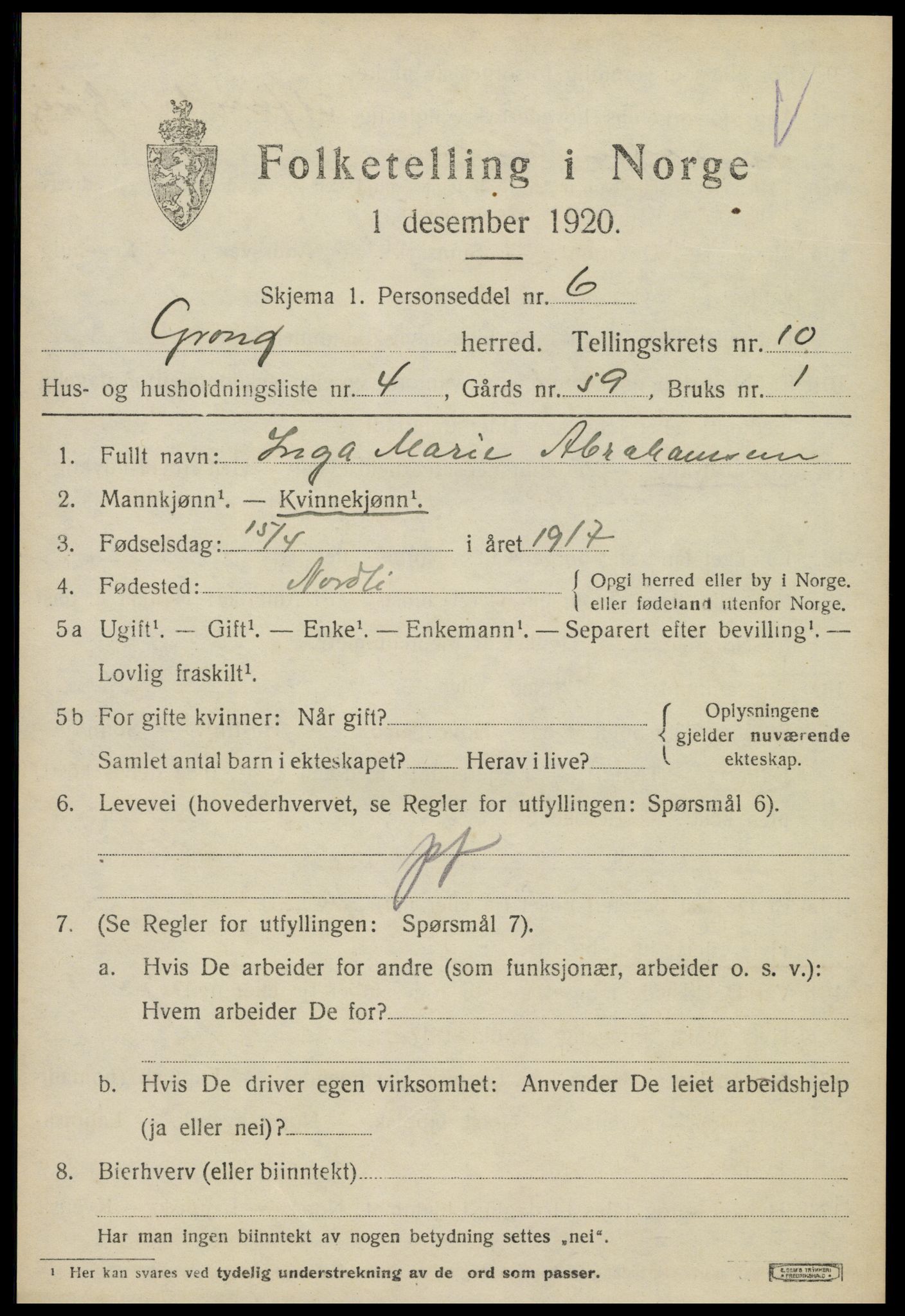 SAT, Folketelling 1920 for 1742 Grong herred, 1920, s. 5637
