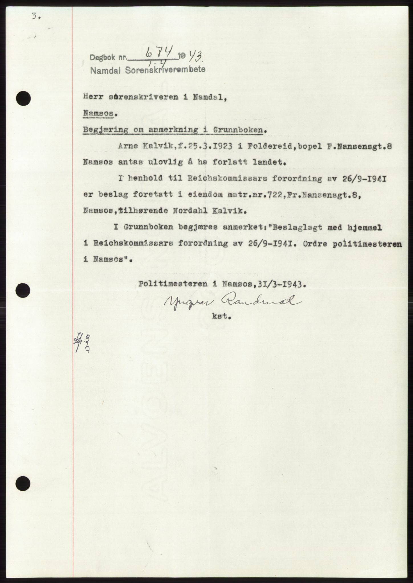 Namdal sorenskriveri, SAT/A-4133/1/2/2C: Pantebok nr. -, 1942-1943, Dagboknr: 674/1943