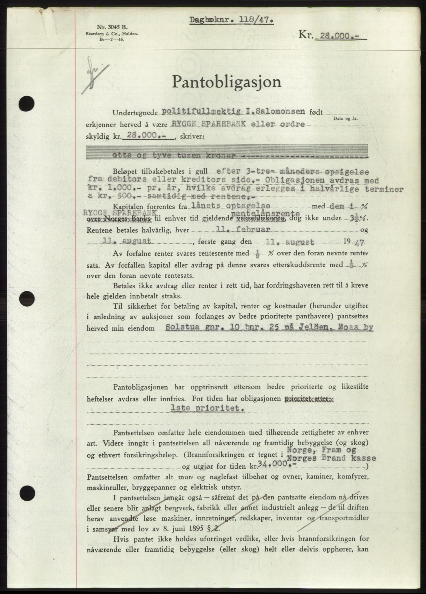 Moss sorenskriveri, SAO/A-10168: Pantebok nr. B16, 1946-1947, Dagboknr: 118/1947