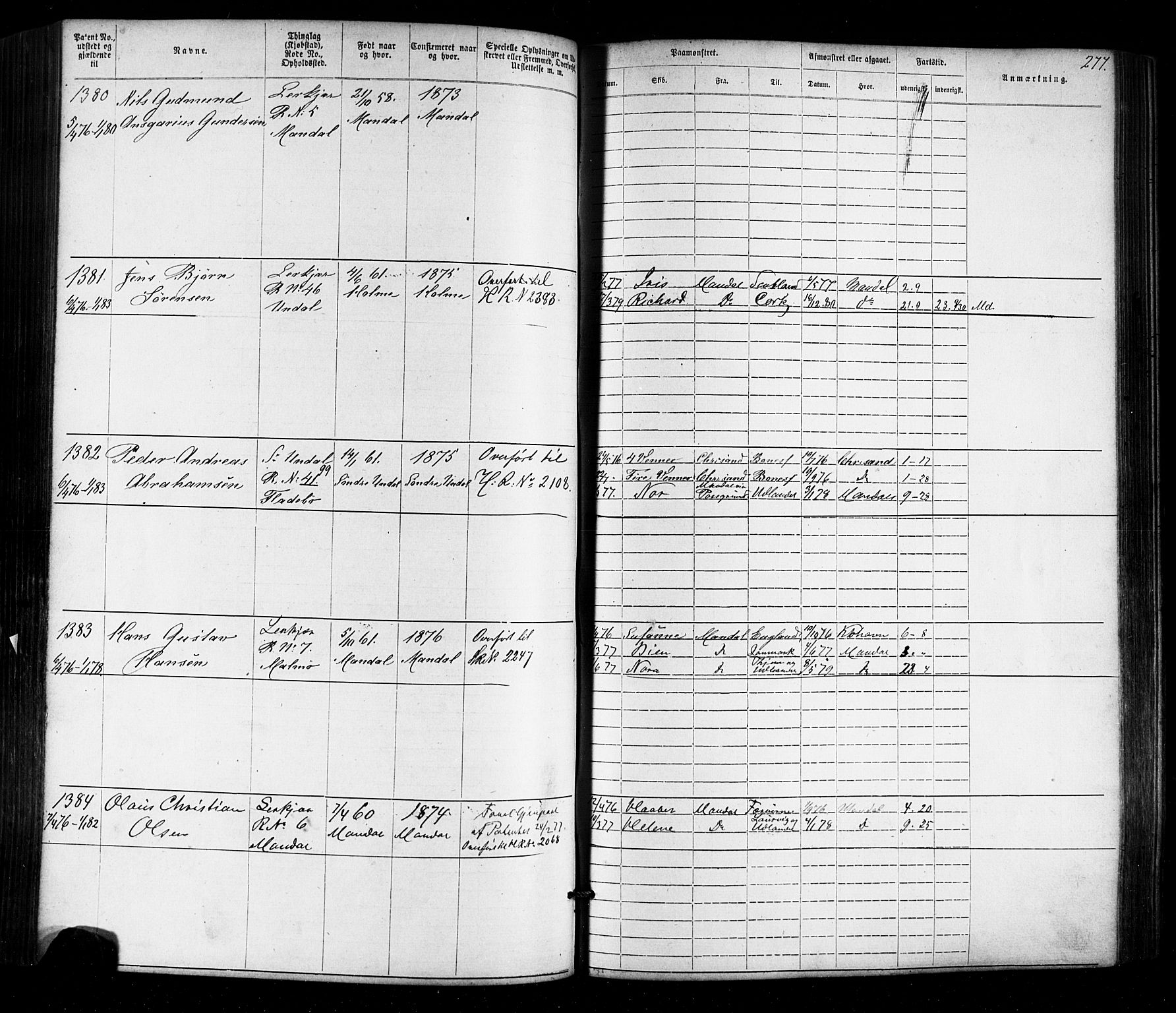 Mandal mønstringskrets, SAK/2031-0016/F/Fa/L0005: Annotasjonsrulle nr 1-1909 med register, Y-15, 1868-1880, s. 317