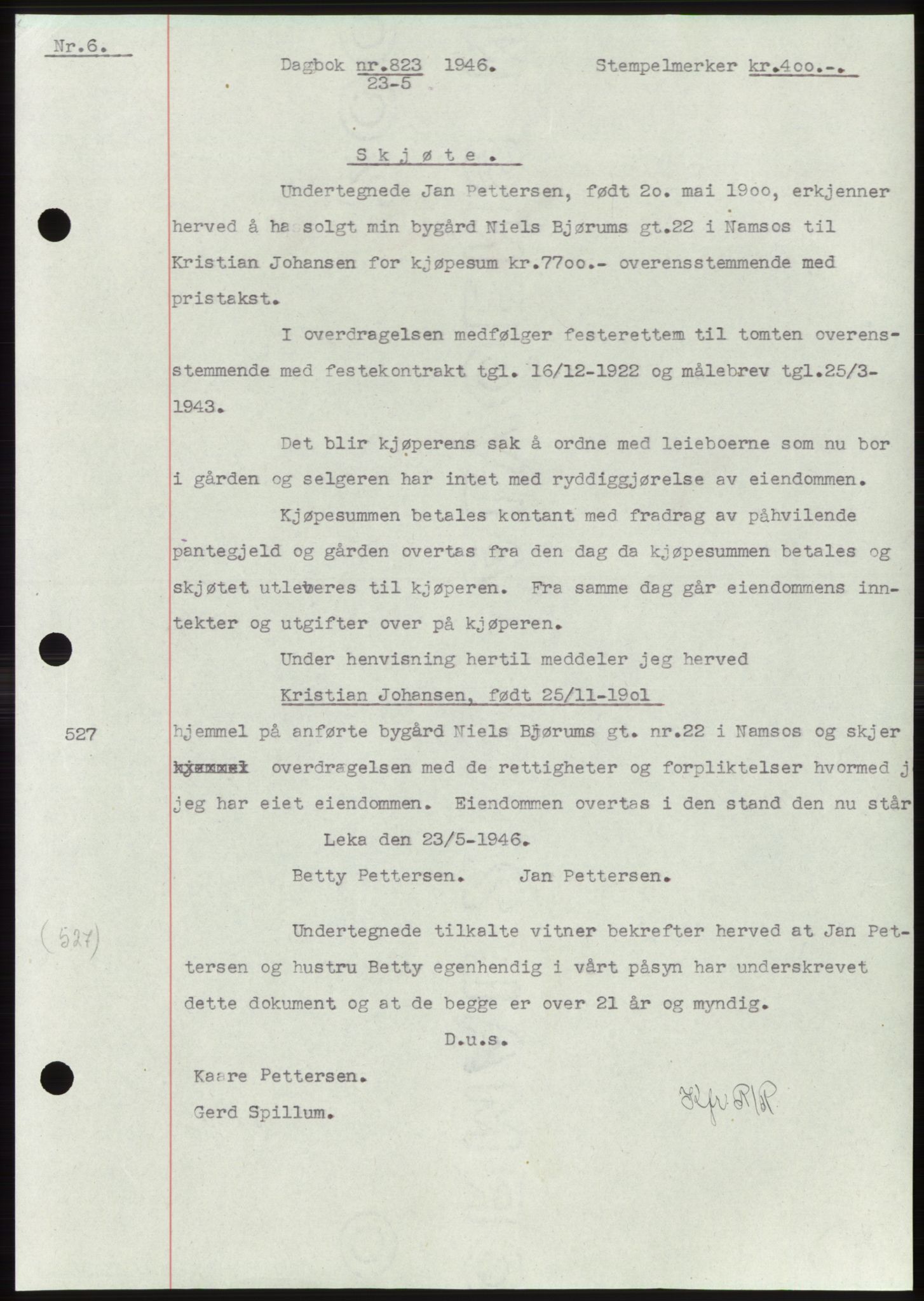 Namdal sorenskriveri, SAT/A-4133/1/2/2C: Pantebok nr. -, 1946-1946, Dagboknr: 823/1946