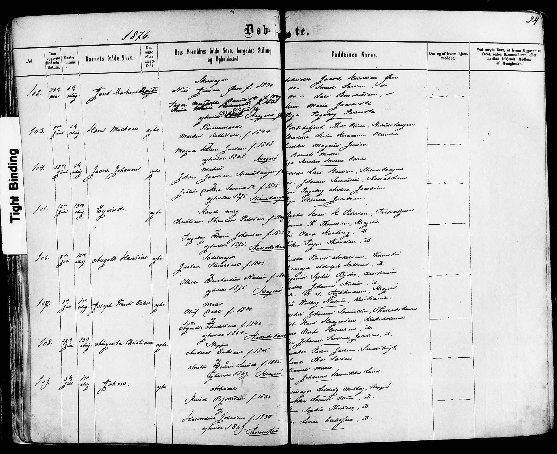 Kragerø kirkebøker, AV/SAKO-A-278/F/Fa/L0011: Ministerialbok nr. 11, 1875-1886, s. 24