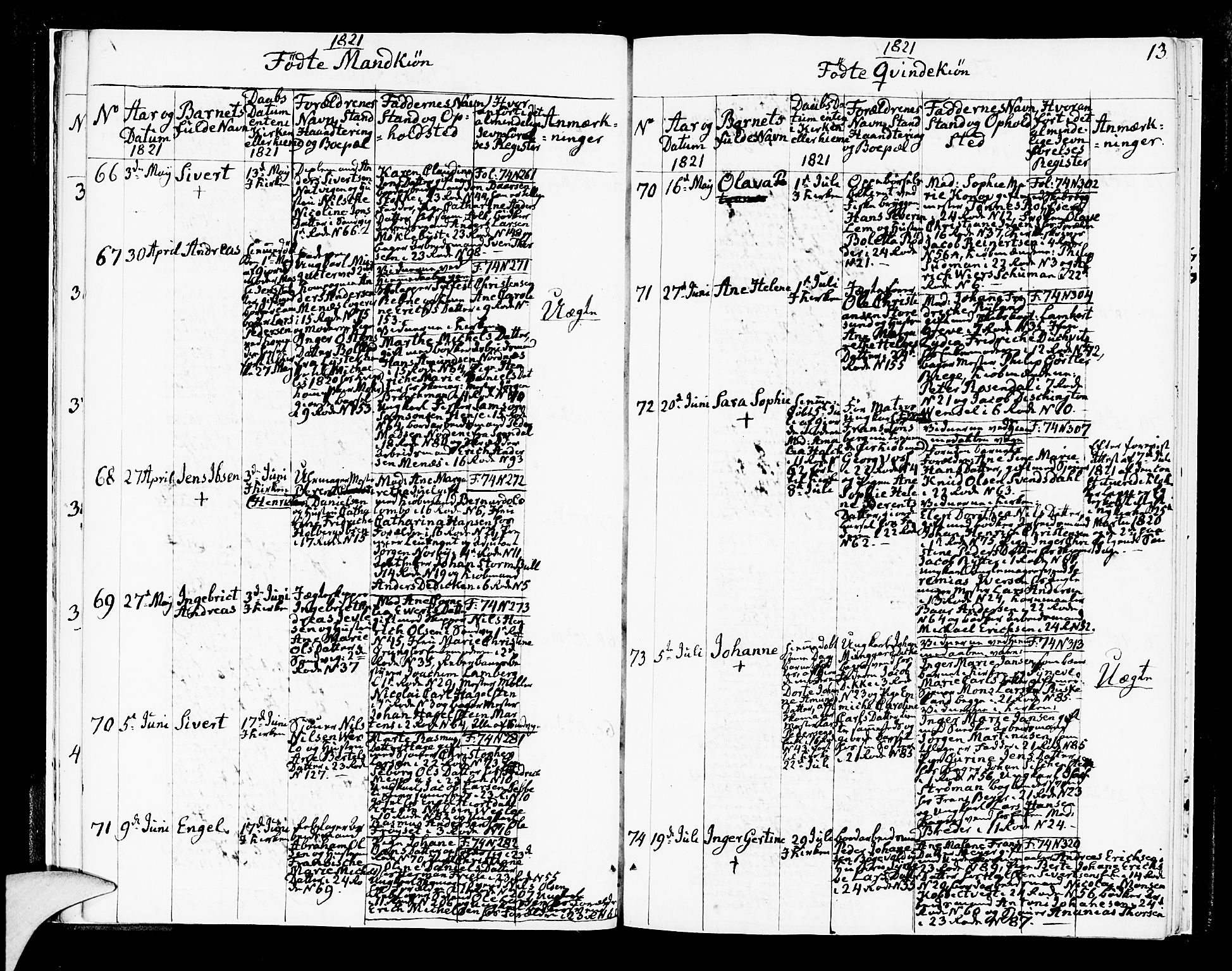 Korskirken sokneprestembete, SAB/A-76101/H/Hab: Klokkerbok nr. A 2, 1820-1832, s. 13