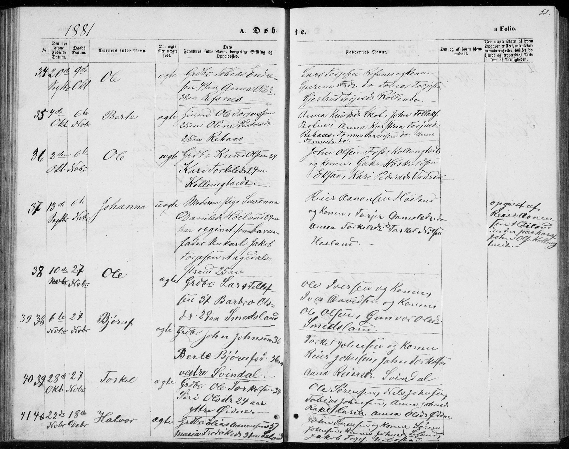 Bjelland sokneprestkontor, SAK/1111-0005/F/Fb/Fbc/L0002: Klokkerbok nr. B 2, 1867-1887, s. 52