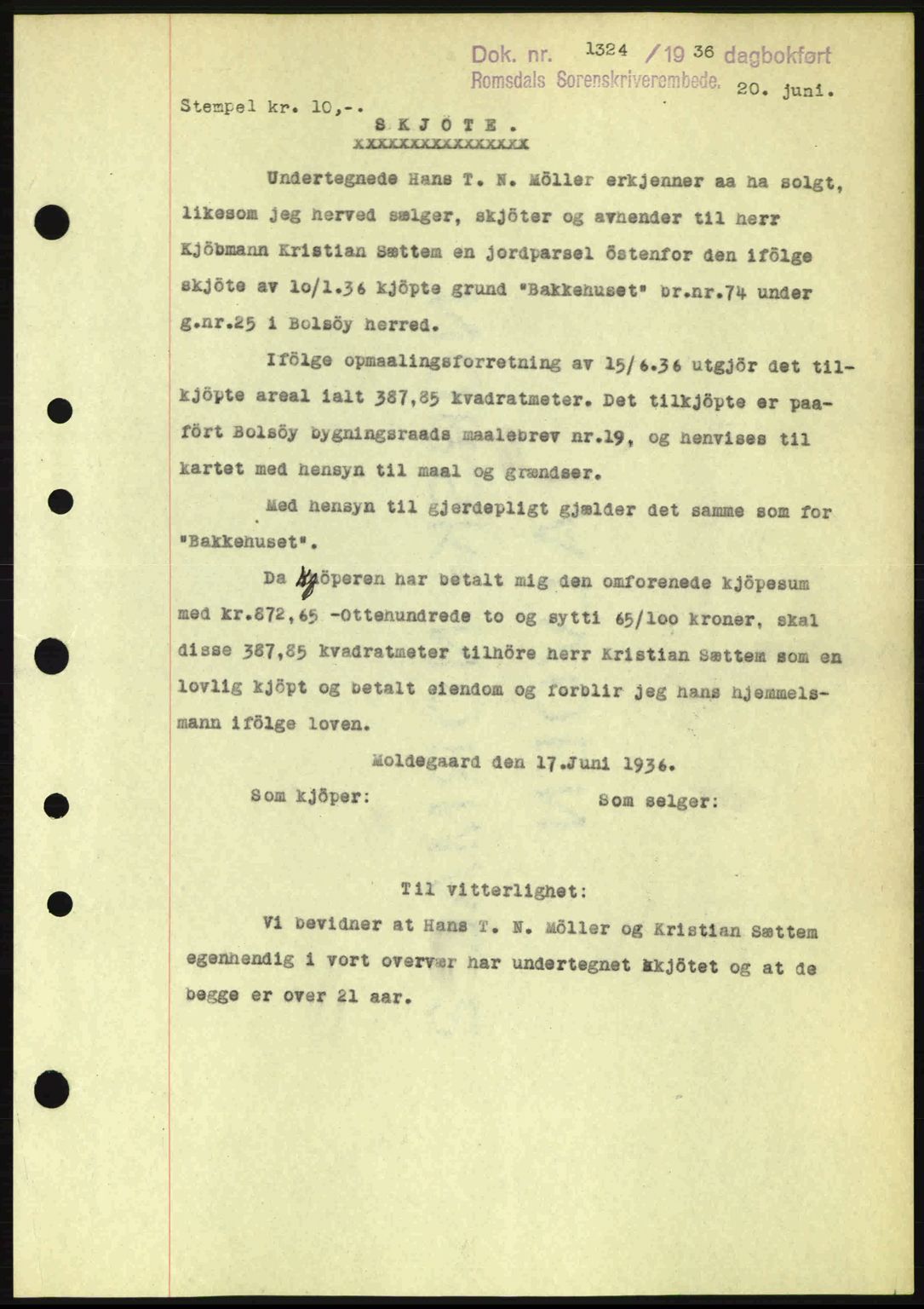 Romsdal sorenskriveri, SAT/A-4149/1/2/2C: Pantebok nr. A1, 1936-1936, Dagboknr: 1324/1936