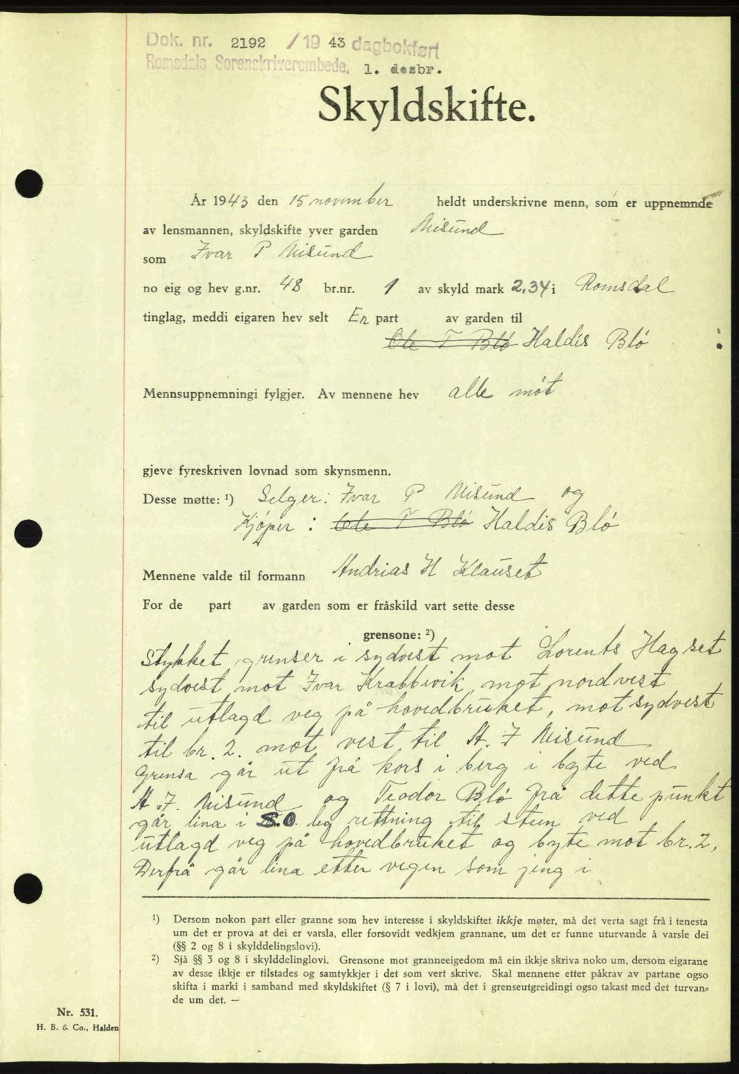 Romsdal sorenskriveri, AV/SAT-A-4149/1/2/2C: Pantebok nr. A15, 1943-1944, Dagboknr: 2192/1943