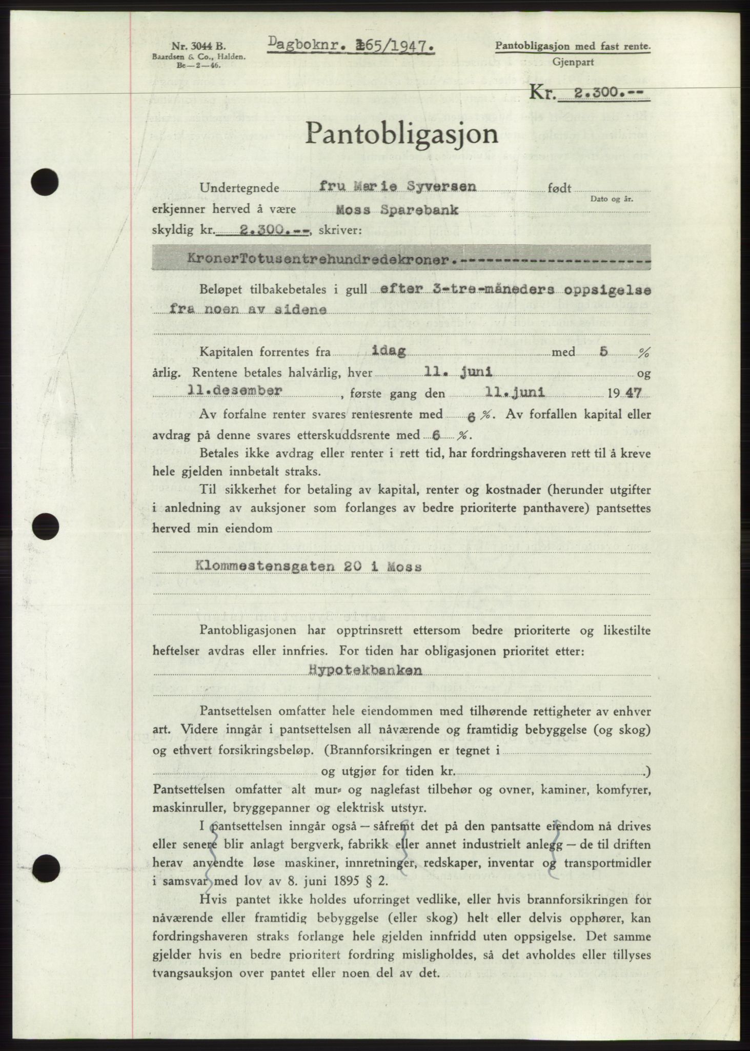 Moss sorenskriveri, SAO/A-10168: Pantebok nr. B16, 1946-1947, Dagboknr: 165/1947