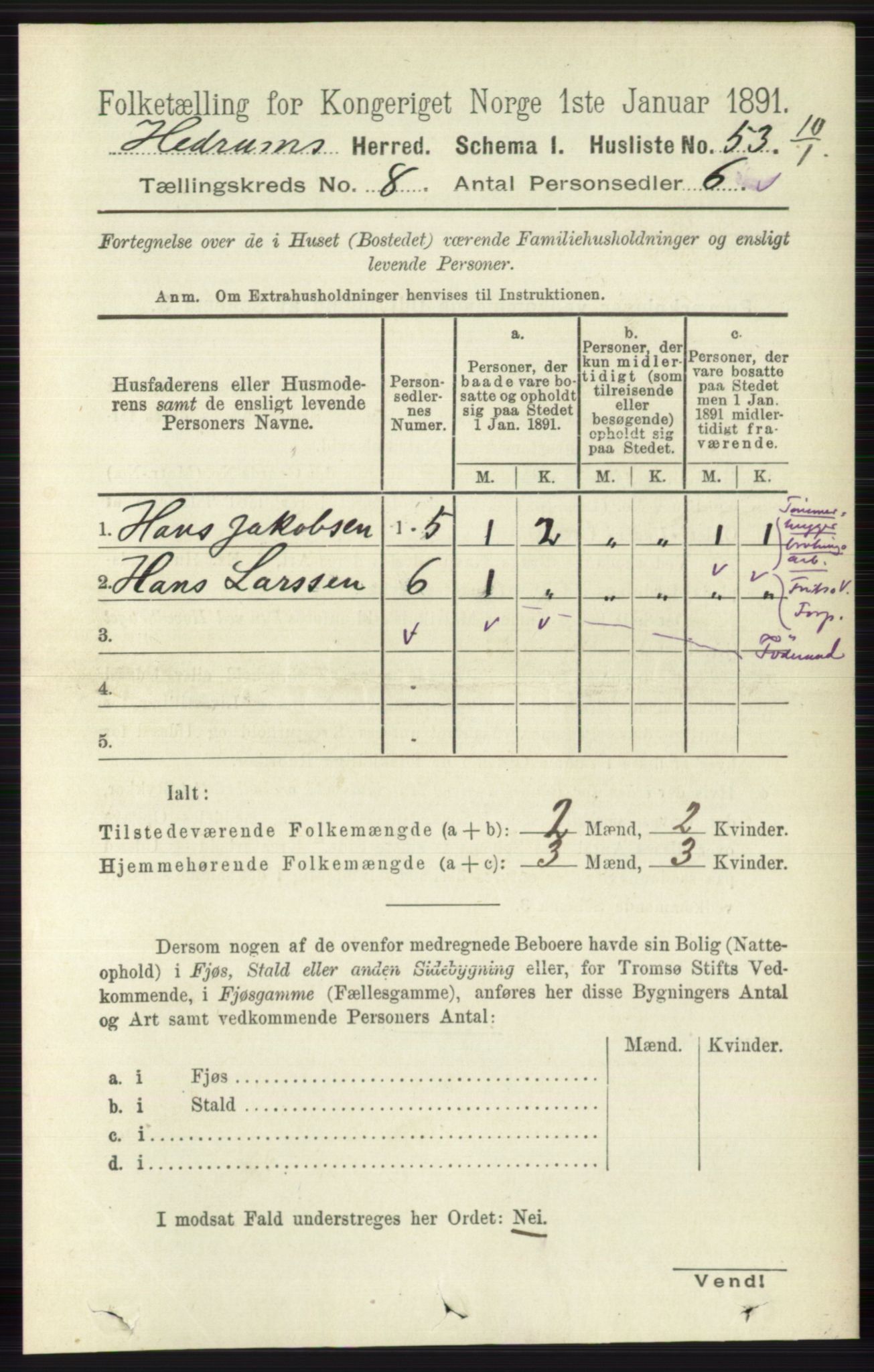 RA, Folketelling 1891 for 0727 Hedrum herred, 1891, s. 3461