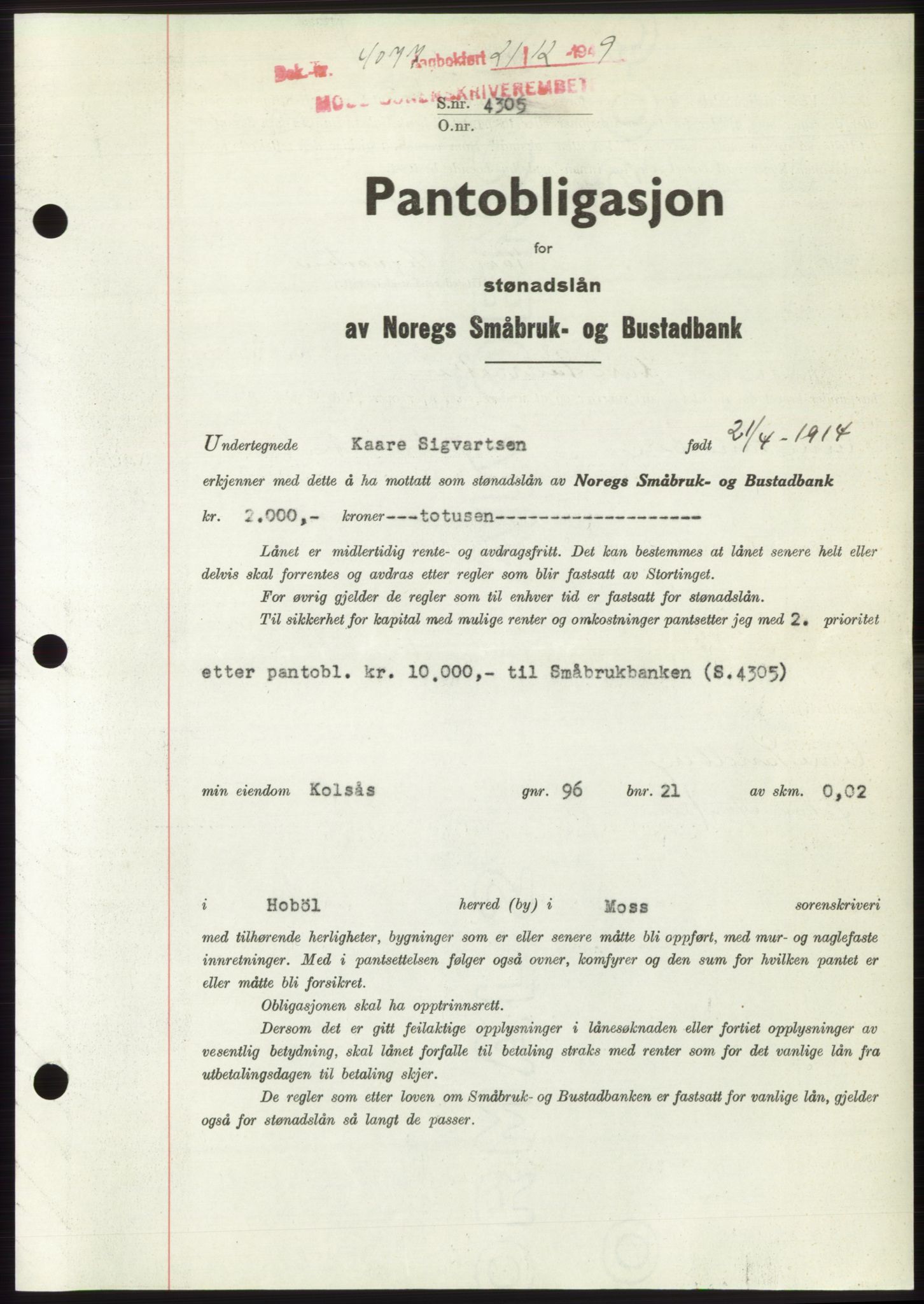 Moss sorenskriveri, SAO/A-10168: Pantebok nr. B23, 1949-1950, Dagboknr: 4077/1949