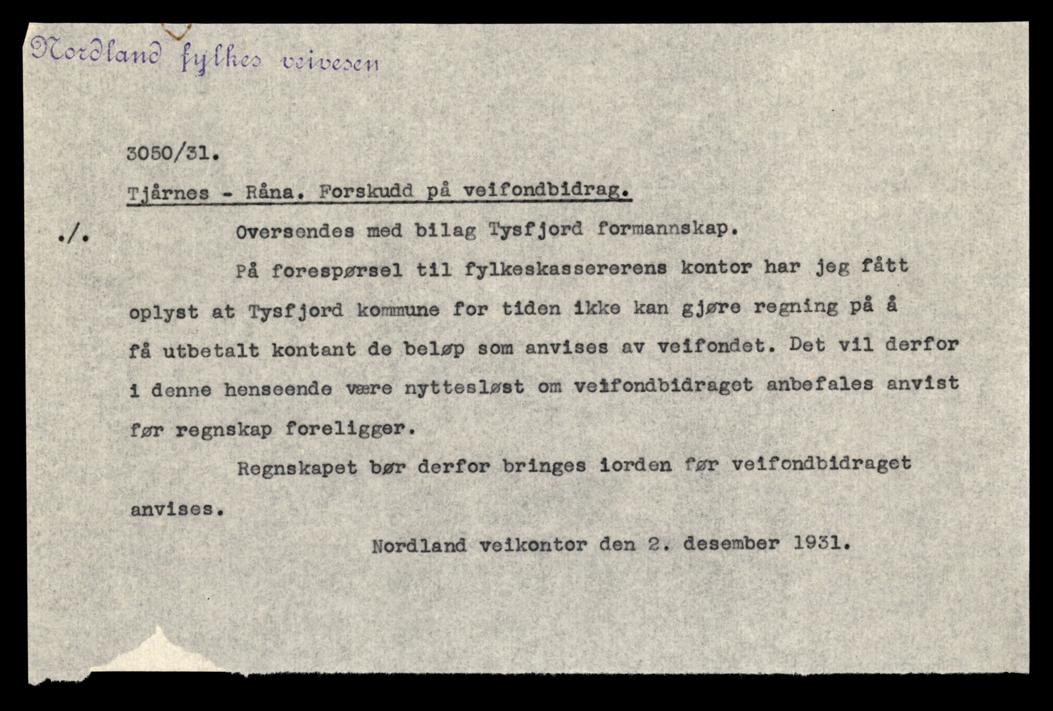 Nordland vegkontor, AV/SAT-A-4181/F/Fa/L0031: Tysfjord/Ballangen/Tjeldsund, 1882-1969, s. 1406