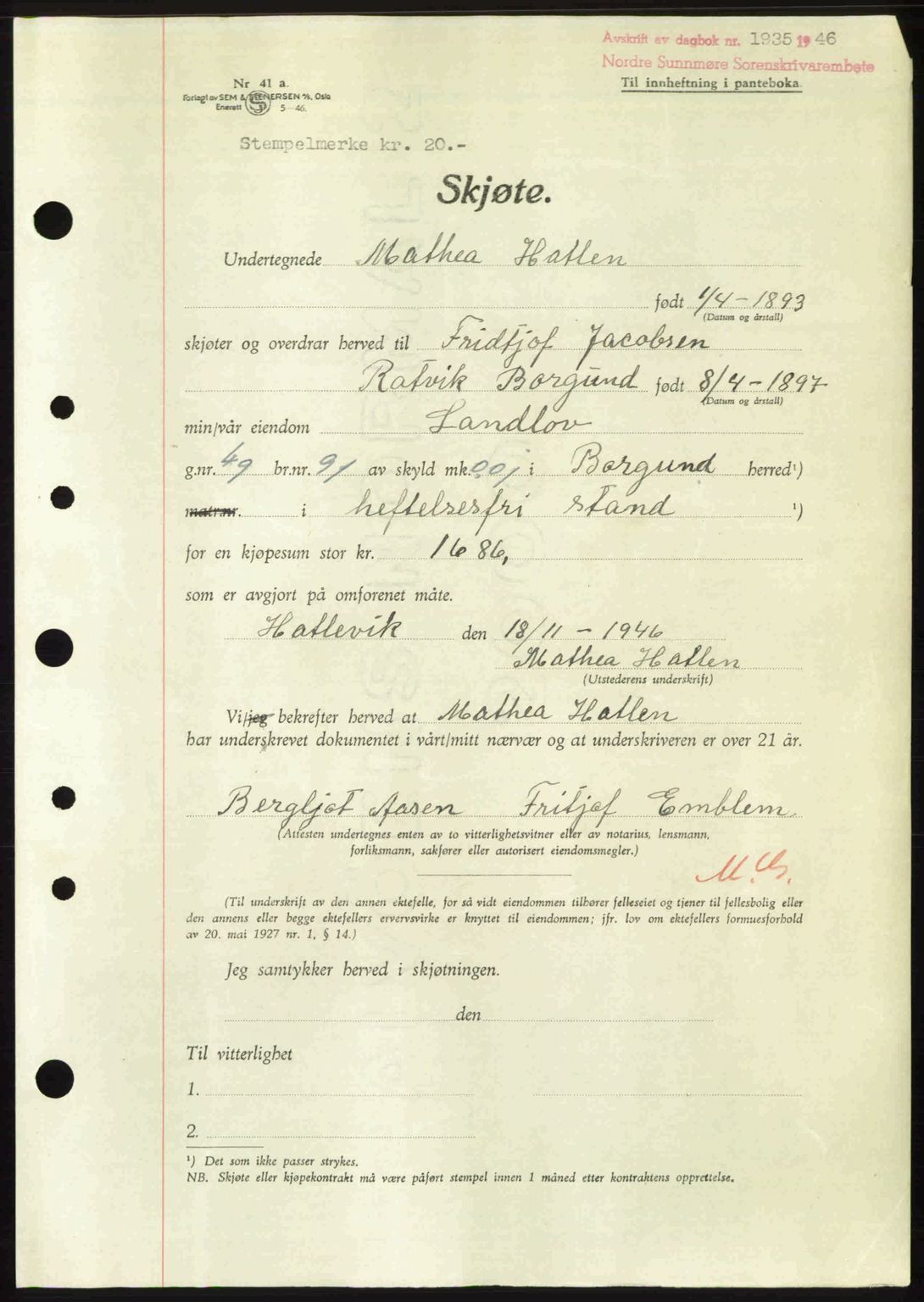 Nordre Sunnmøre sorenskriveri, AV/SAT-A-0006/1/2/2C/2Ca: Pantebok nr. A23, 1946-1947, Dagboknr: 1935/1946