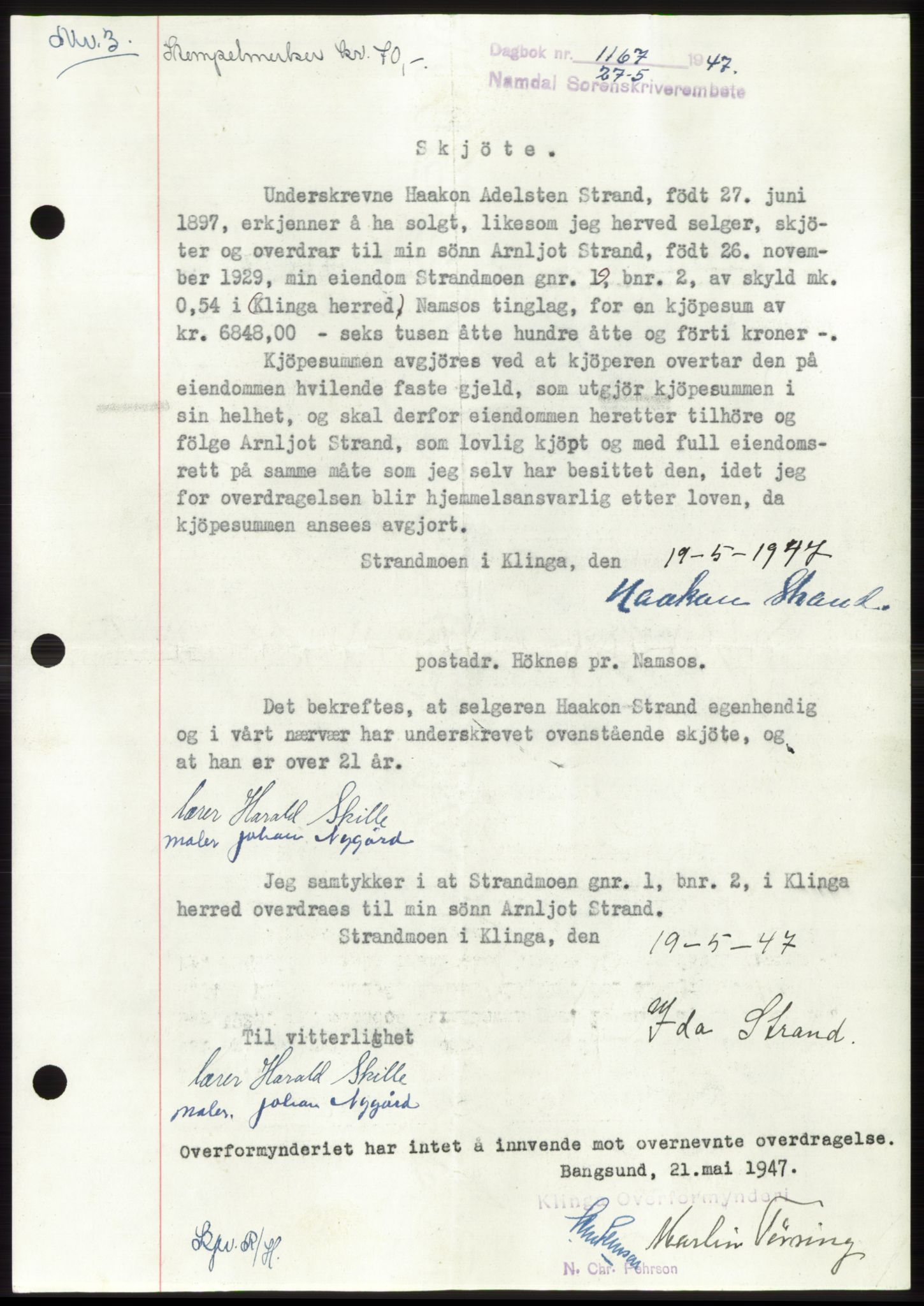 Namdal sorenskriveri, SAT/A-4133/1/2/2C: Pantebok nr. -, 1947-1947, Dagboknr: 1167/1947