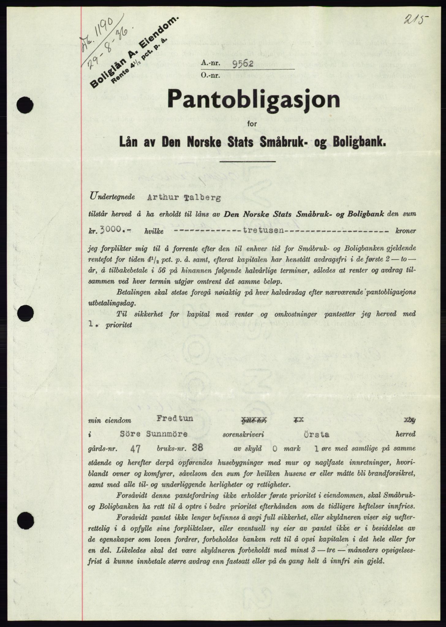 Søre Sunnmøre sorenskriveri, AV/SAT-A-4122/1/2/2C/L0061: Pantebok nr. 55, 1936-1936, Dagboknr: 1190/1936