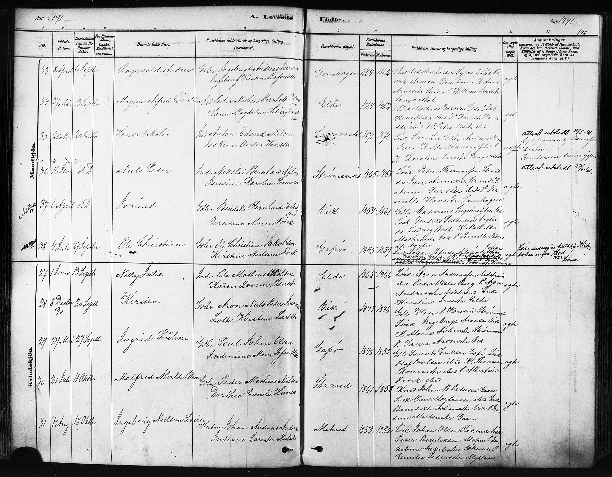 Kvæfjord sokneprestkontor, AV/SATØ-S-1323/G/Ga/Gaa/L0005kirke: Ministerialbok nr. 5, 1878-1894, s. 103