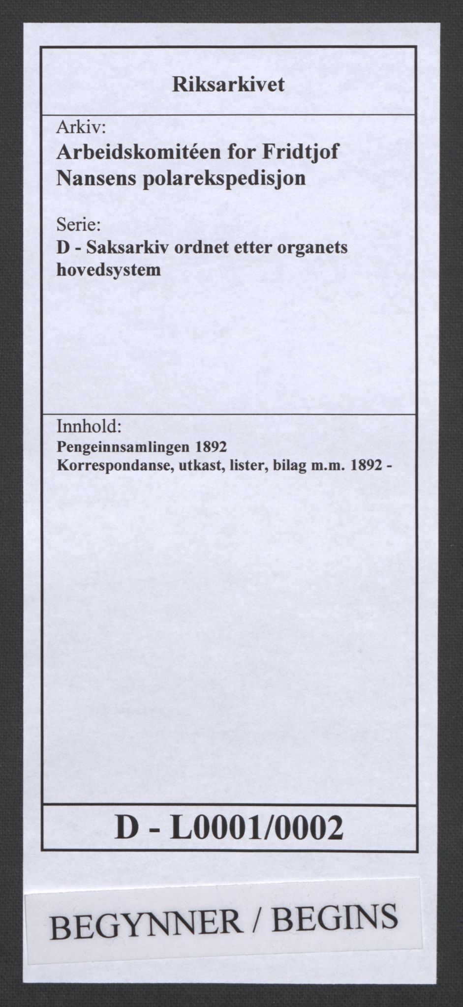 Arbeidskomitéen for Fridtjof Nansens polarekspedisjon, RA/PA-0061/D/L0001/0002: Pengeinnsamlingen / Korrespondanse, utkast, lister, bilag m.m., 1892-1893, s. 1
