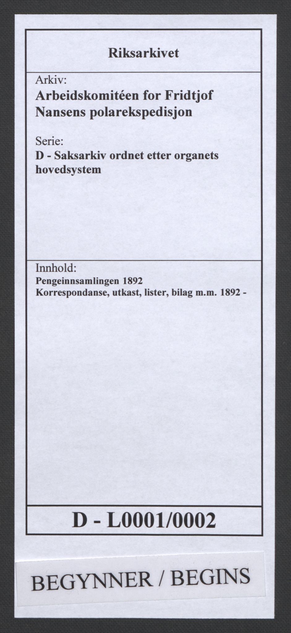 Arbeidskomitéen for Fridtjof Nansens polarekspedisjon, AV/RA-PA-0061/D/L0001/0002: Pengeinnsamlingen / Korrespondanse, utkast, lister, bilag m.m., 1892-1893, s. 1