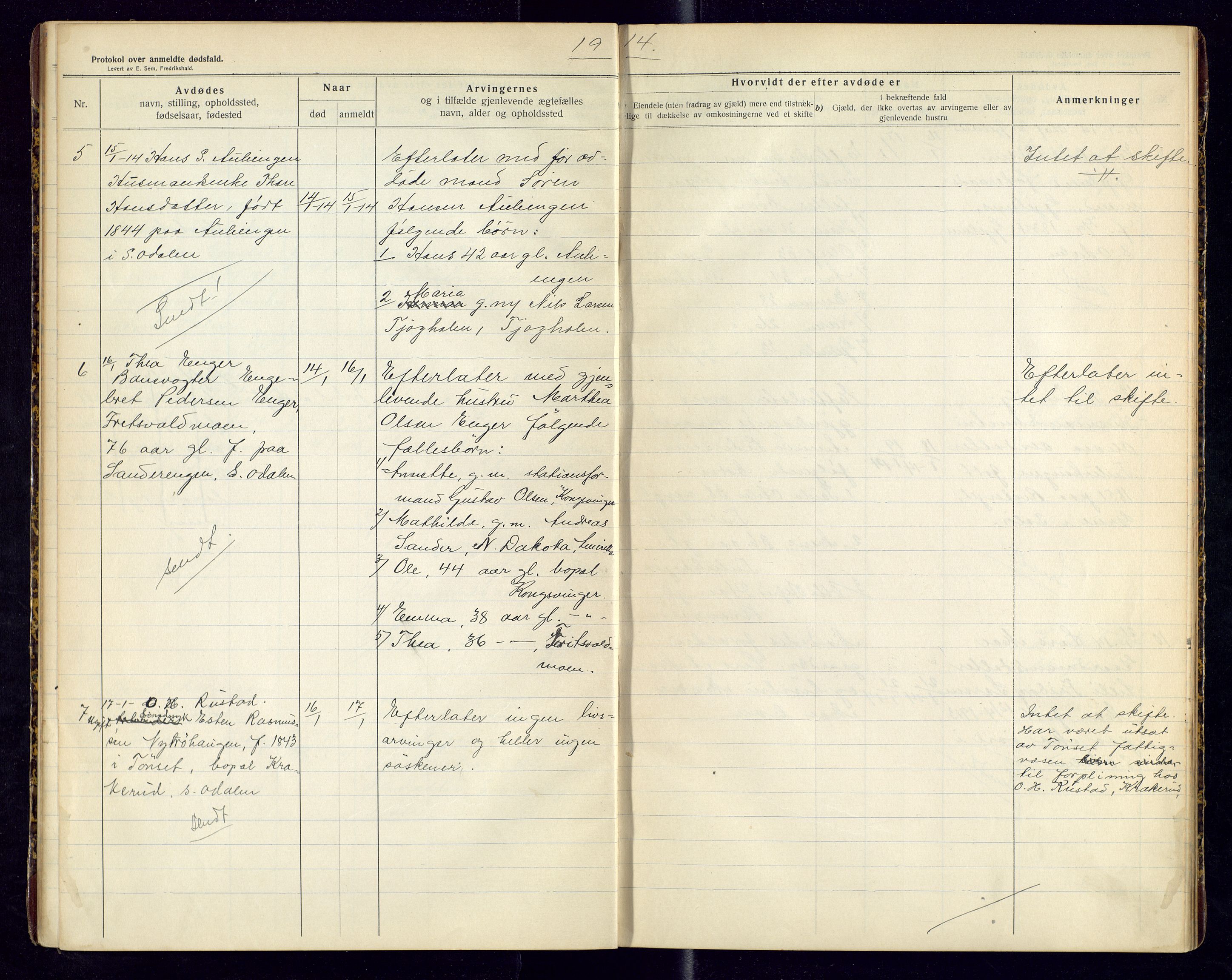 Sør-Odal lensmannskontor, SAH/LHS-022/H/Hb/L0002/0001: Protokoller over anmeldte dødsfall / Protokoll over anmeldte dødsfall, 1913-1915