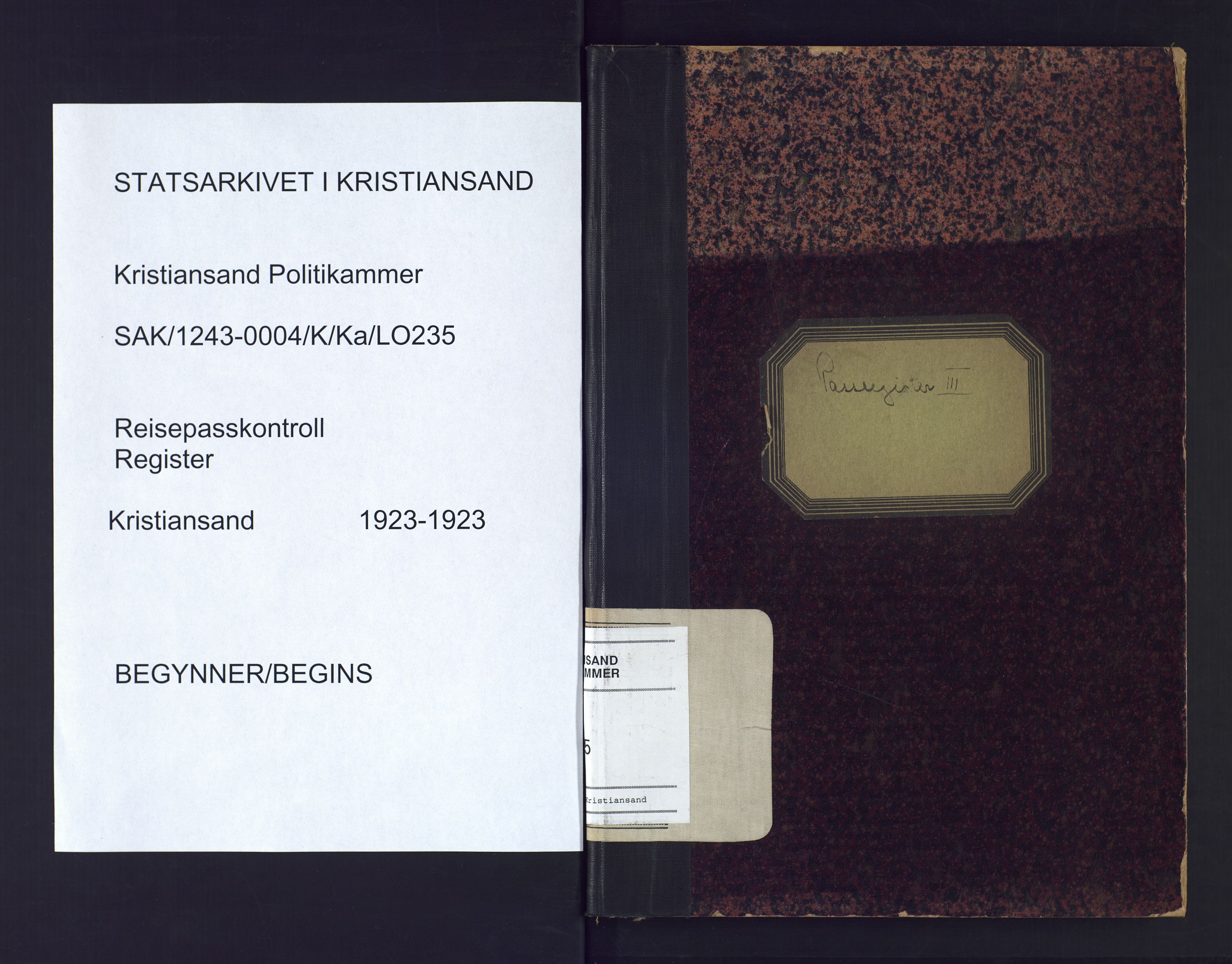 Kristiansand politikammer, SAK/1243-0004/K/Ka/L0235: Register til passprotokoll, 1923, s. 1