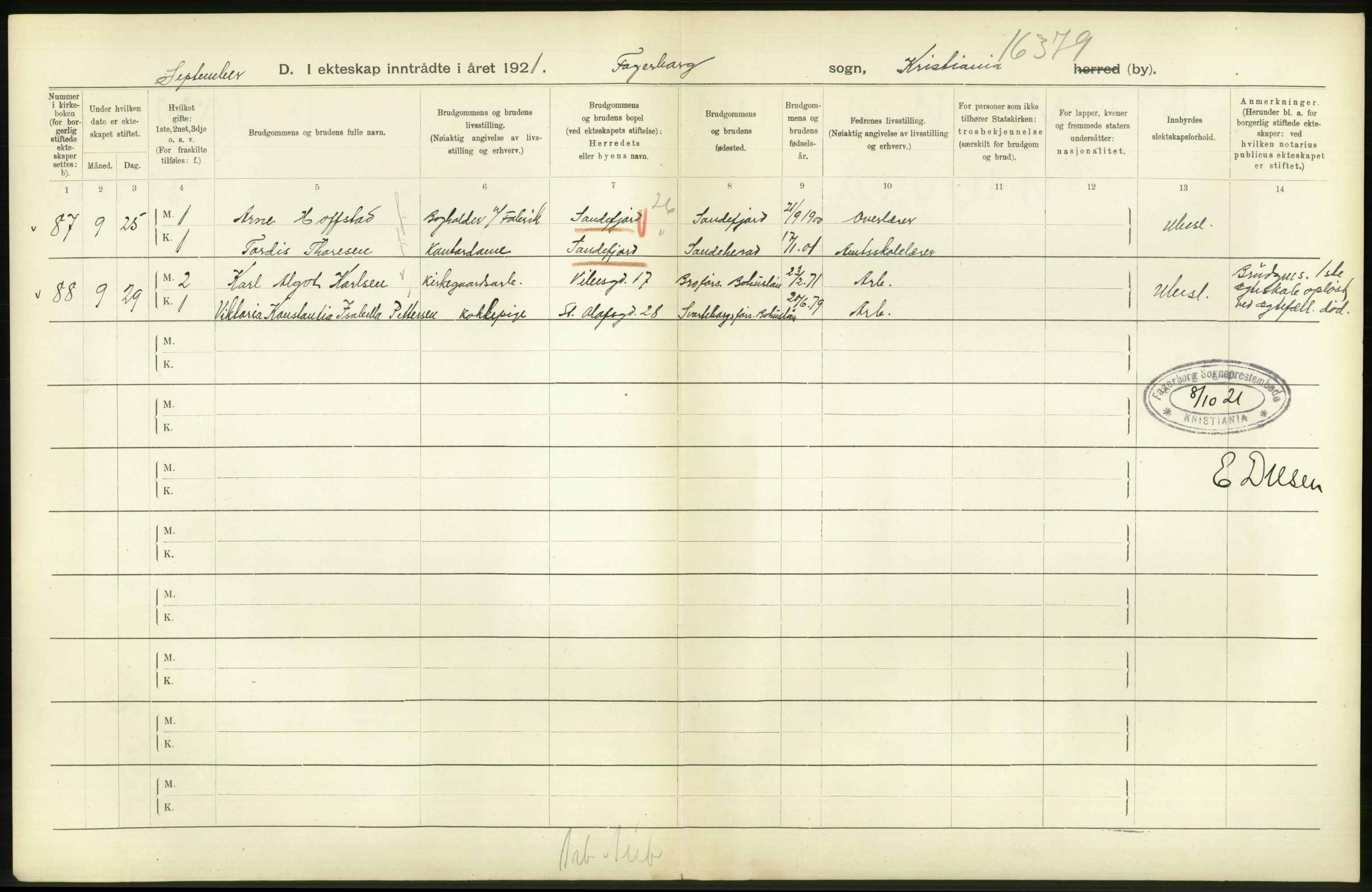 Statistisk sentralbyrå, Sosiodemografiske emner, Befolkning, AV/RA-S-2228/D/Df/Dfc/Dfca/L0011: Kristiania: Gifte, 1921, s. 282