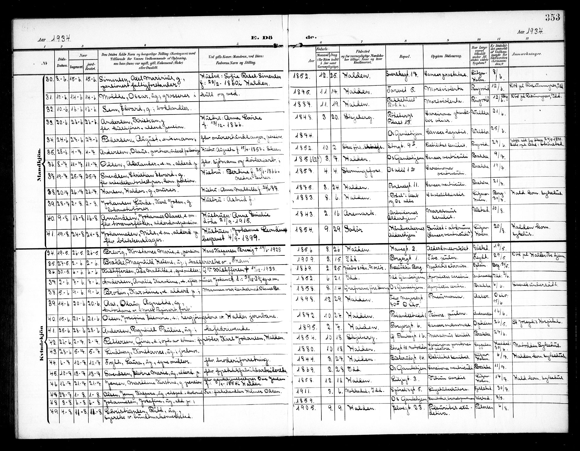 Halden prestekontor Kirkebøker, SAO/A-10909/G/Ga/L0011: Klokkerbok nr. 11, 1906-1934, s. 353