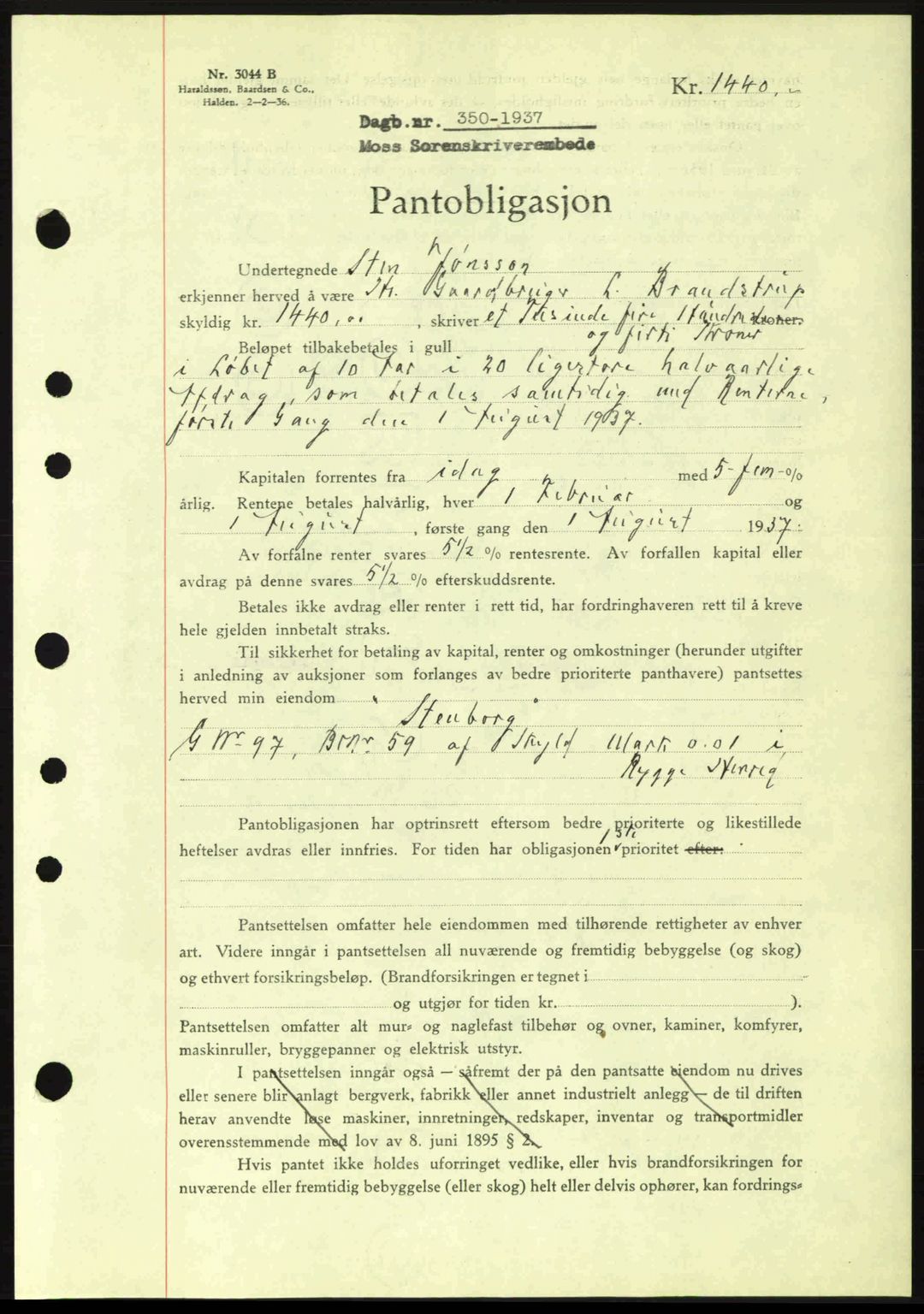 Moss sorenskriveri, SAO/A-10168: Pantebok nr. B3, 1937-1937, Dagboknr: 350/1937