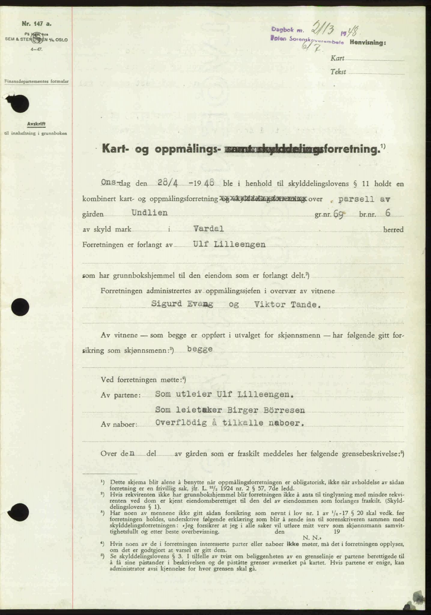 Toten tingrett, SAH/TING-006/H/Hb/Hbc/L0020: Pantebok nr. Hbc-20, 1948-1948, Dagboknr: 2113/1948