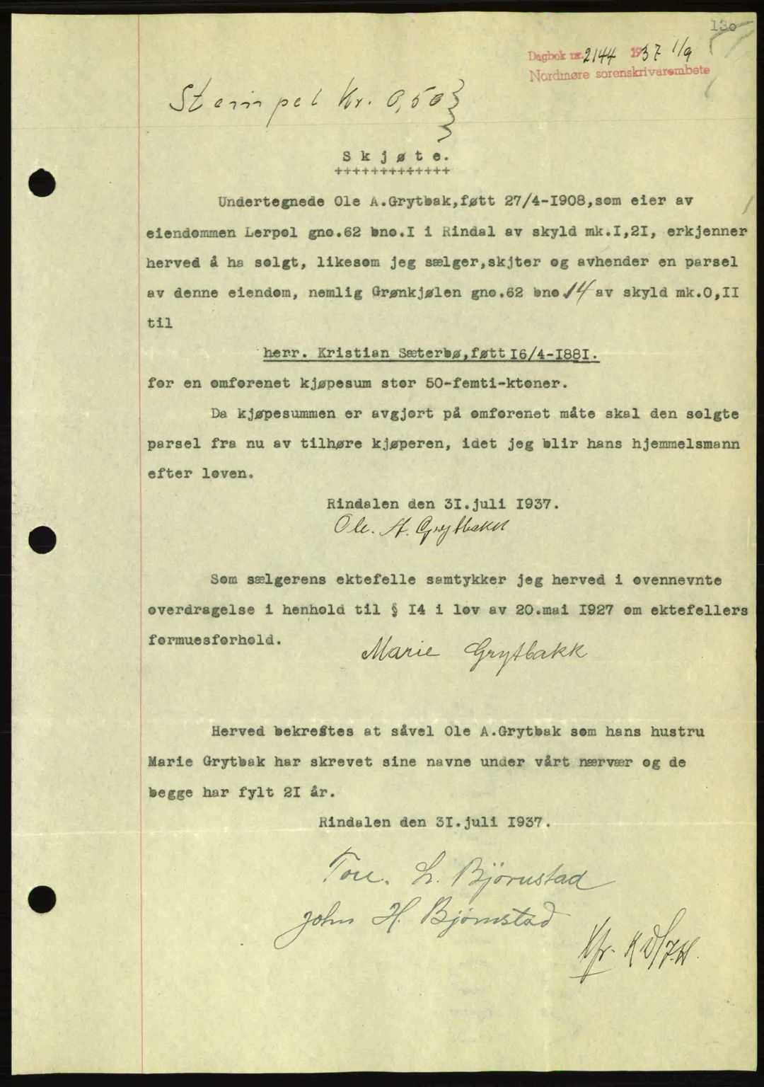 Nordmøre sorenskriveri, SAT/A-4132/1/2/2Ca: Pantebok nr. A82, 1937-1938, Dagboknr: 2144/1937