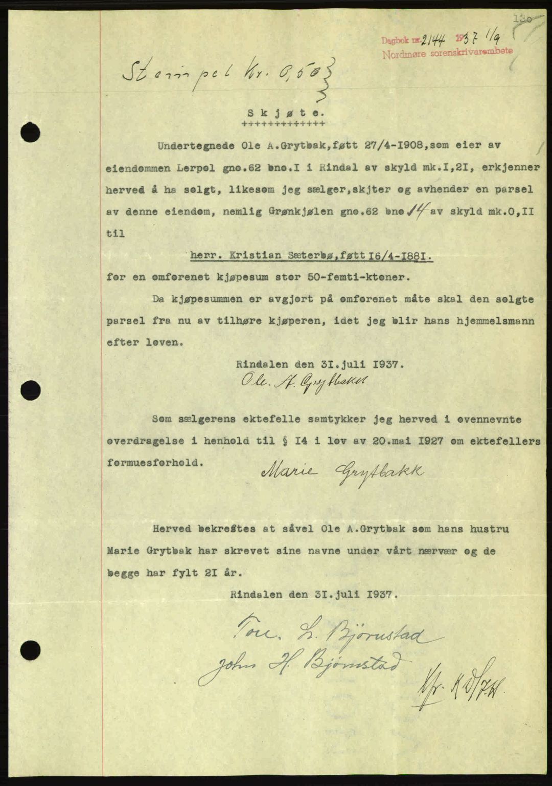 Nordmøre sorenskriveri, AV/SAT-A-4132/1/2/2Ca: Pantebok nr. A82, 1937-1938, Dagboknr: 2144/1937