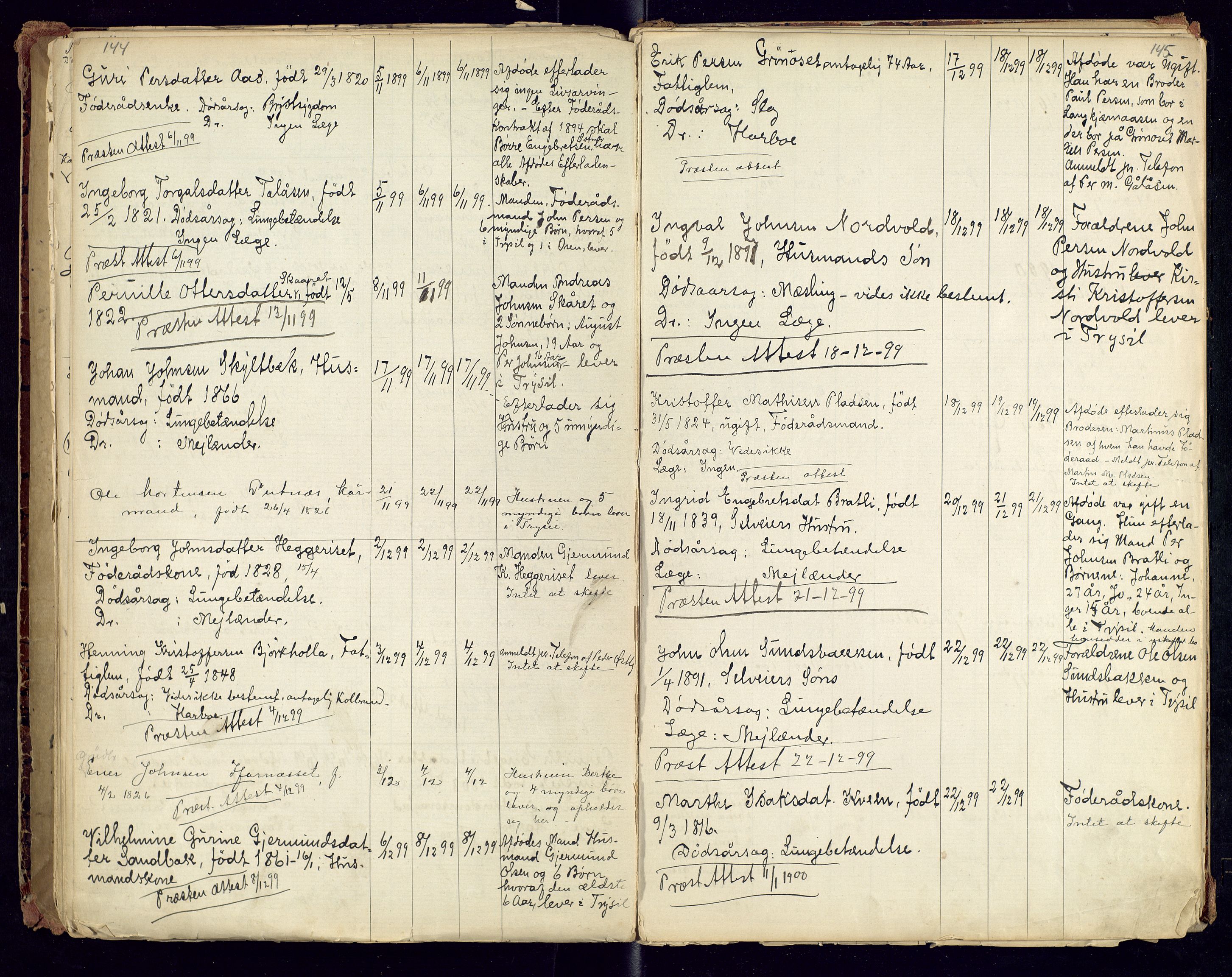 Trysil lensmannskontor, SAH/LHT-026/H/Ha/L0001: Dødsfallsprotokoll, 1875-1901, s. 144-145