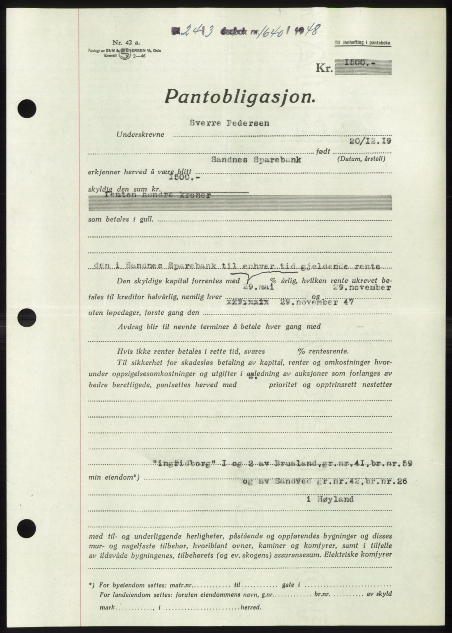 Jæren sorenskriveri, SAST/A-100310/03/G/Gba/L0098: Pantebok, 1948-1948, Dagboknr: 1640/1948