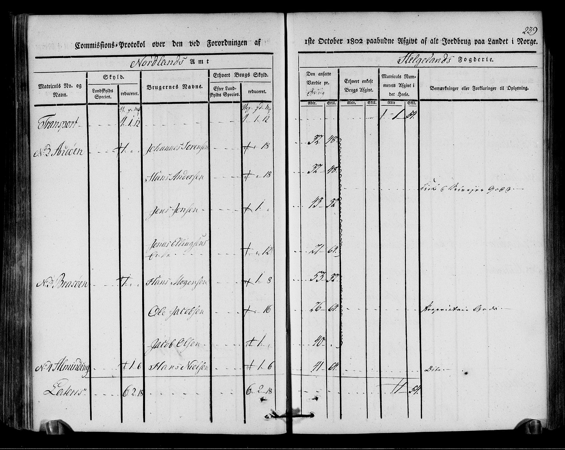 Rentekammeret inntil 1814, Realistisk ordnet avdeling, RA/EA-4070/N/Ne/Nea/L0157: Helgeland fogderi. Kommisjonsprotokoll, 1803, s. 238