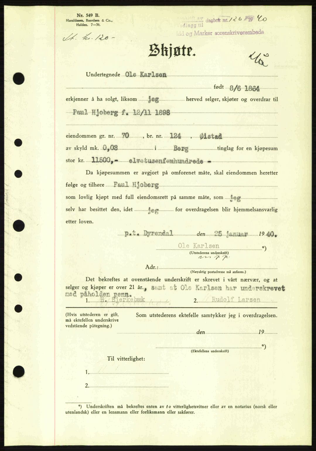 Idd og Marker sorenskriveri, AV/SAO-A-10283/G/Gb/Gbb/L0004: Pantebok nr. A4, 1940-1941, Dagboknr: 126/1940