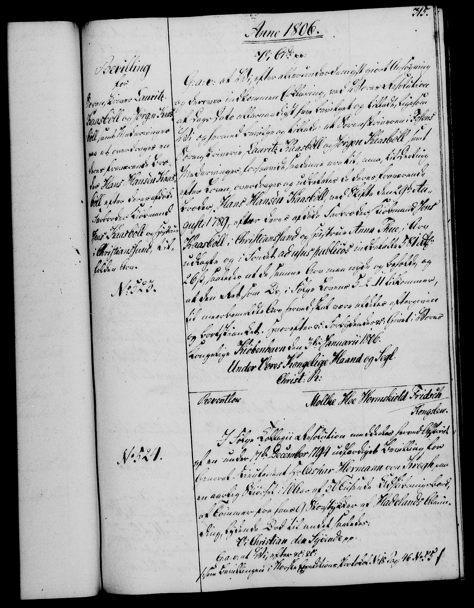 Rentekammeret, Kammerkanselliet, RA/EA-3111/G/Gg/Gga/L0018: Norsk ekspedisjonsprotokoll med register (merket RK 53.18), 1804-1806, s. 315