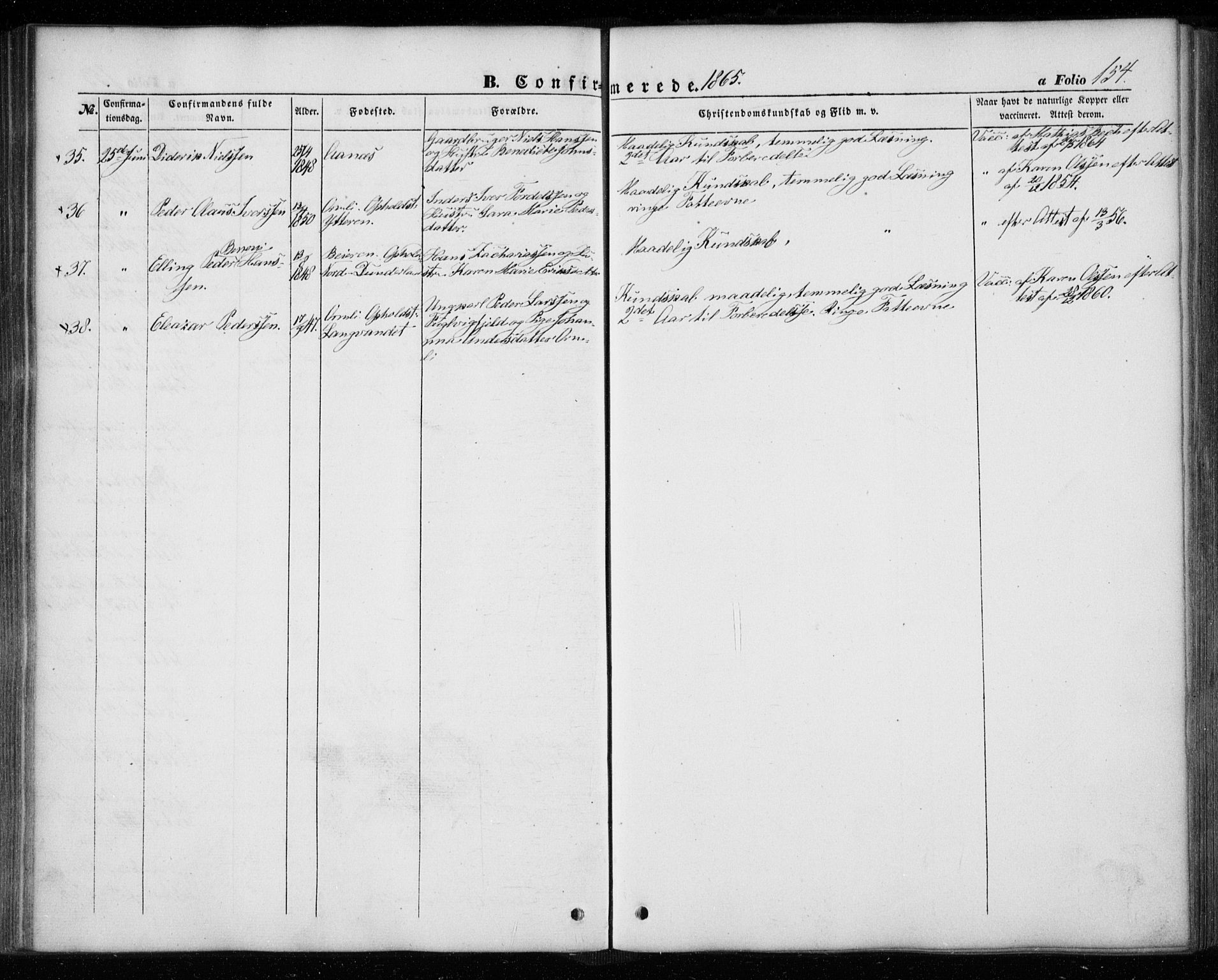Ministerialprotokoller, klokkerbøker og fødselsregistre - Nordland, AV/SAT-A-1459/827/L0392: Ministerialbok nr. 827A04, 1853-1866, s. 154