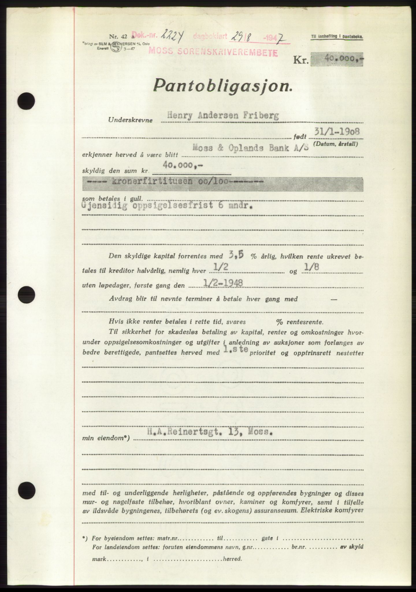 Moss sorenskriveri, SAO/A-10168: Pantebok nr. B17, 1947-1947, Dagboknr: 2224/1947