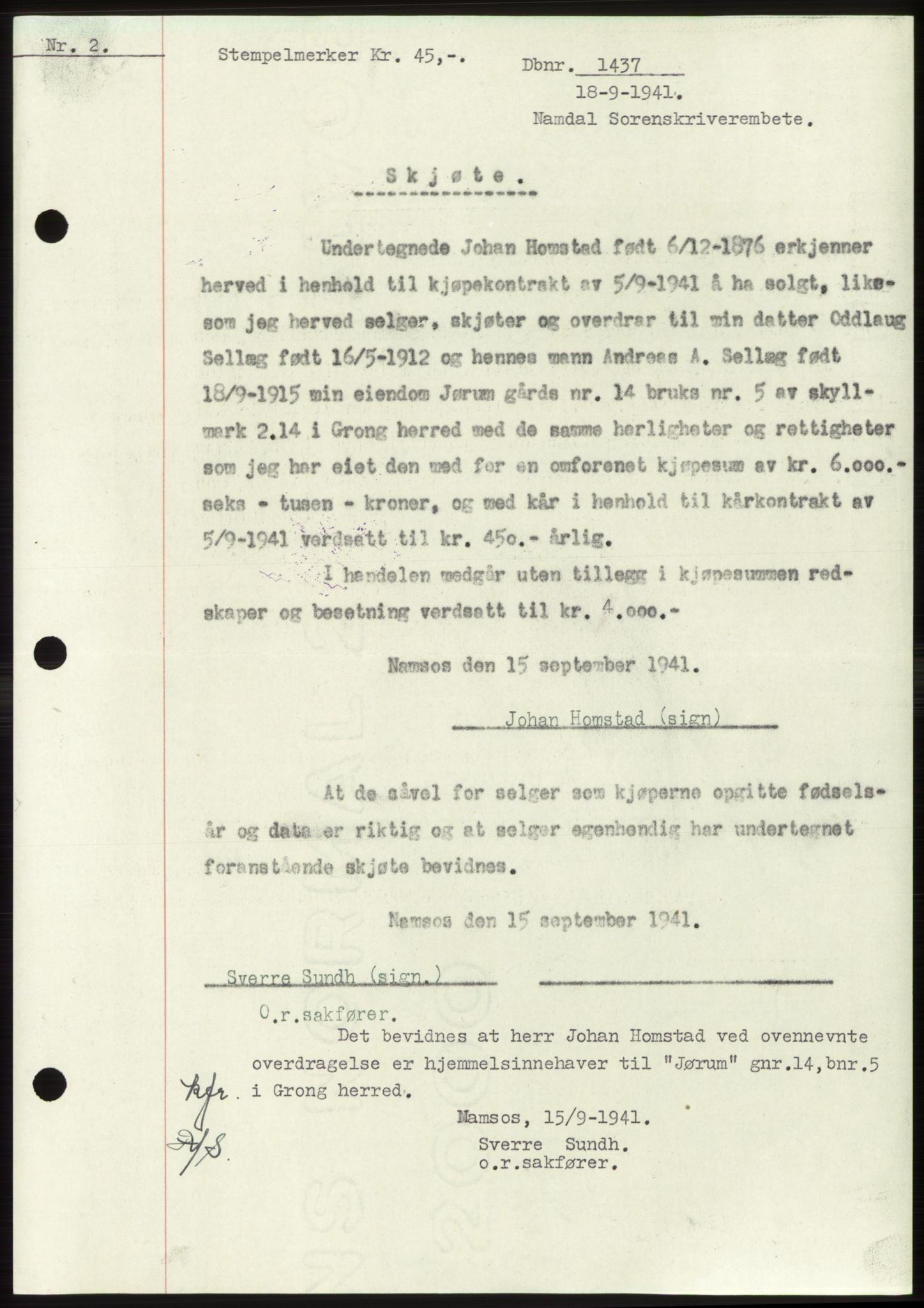 Namdal sorenskriveri, SAT/A-4133/1/2/2C: Pantebok nr. -, 1941-1942, Dagboknr: 1437/1941