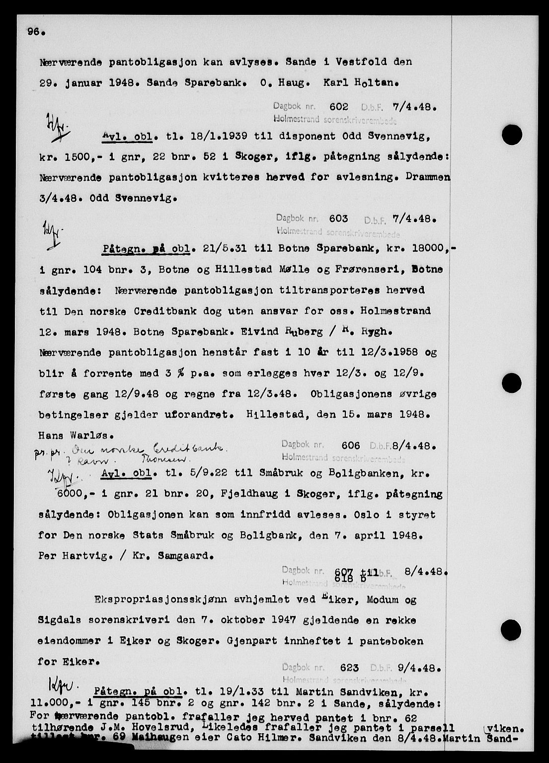Holmestrand sorenskriveri, SAKO/A-67/G/Ga/Gab/L0058: Pantebok nr. B-58, 1947-1948, s. 96, Dagboknr: 602/1948