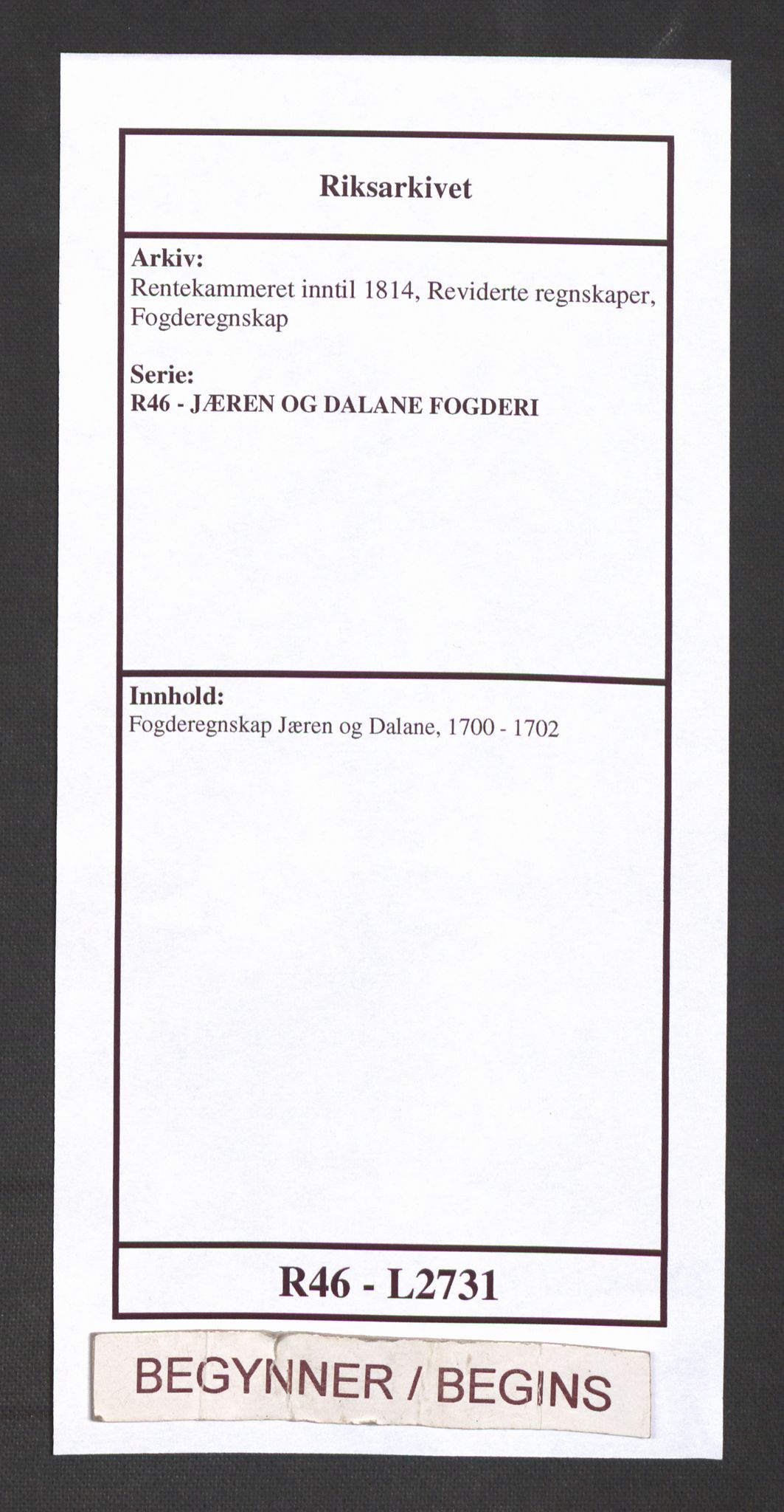 Rentekammeret inntil 1814, Reviderte regnskaper, Fogderegnskap, AV/RA-EA-4092/R46/L2731: Fogderegnskap Jæren og Dalane, 1700-1702, s. 1