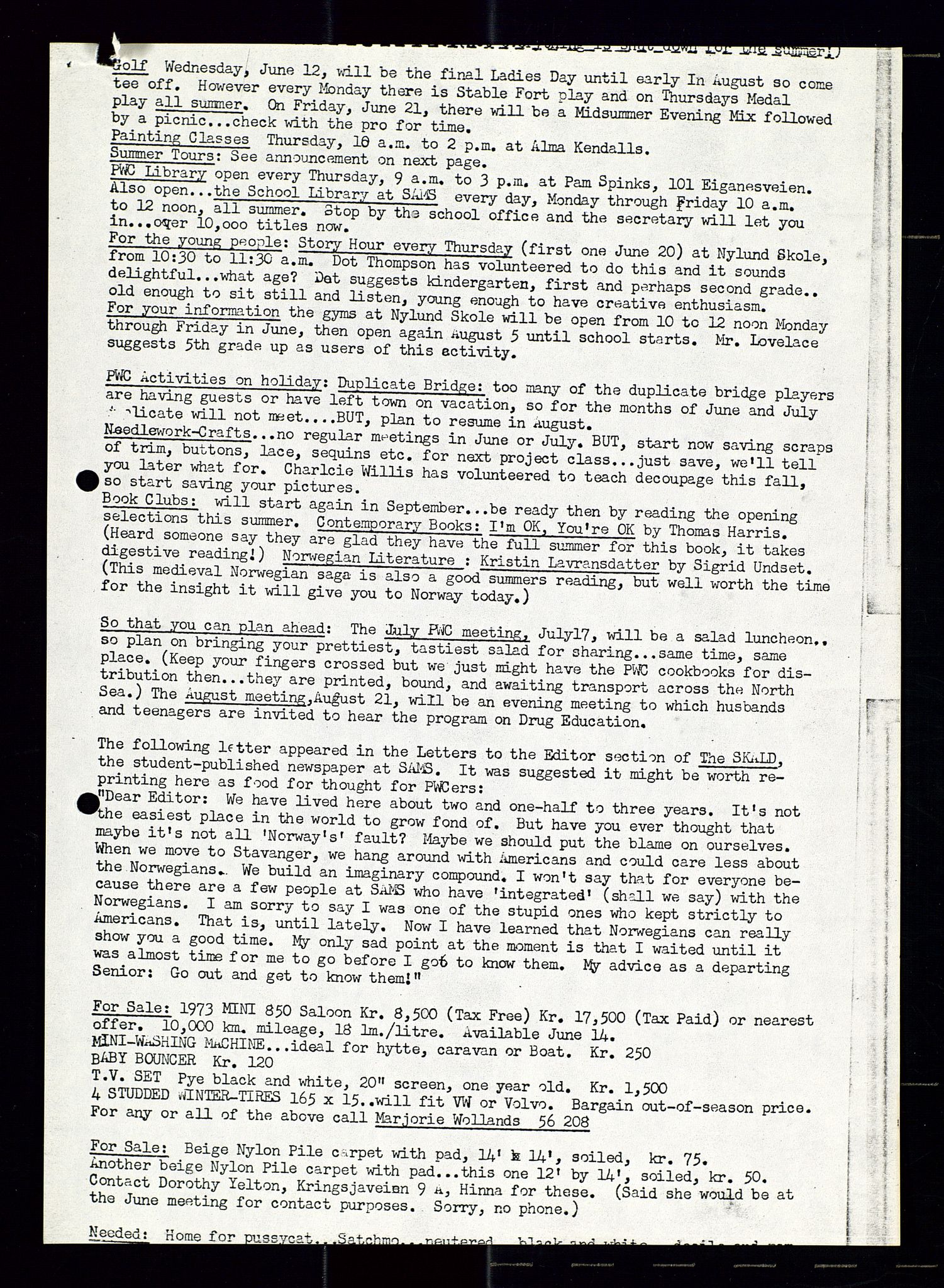 PA 1547 - Petroleum Wives Club, AV/SAST-A-101974/X/Xa/L0001: Newsletters (1971-1978)/radiointervjuer på kasett (1989-1992), 1970-1978