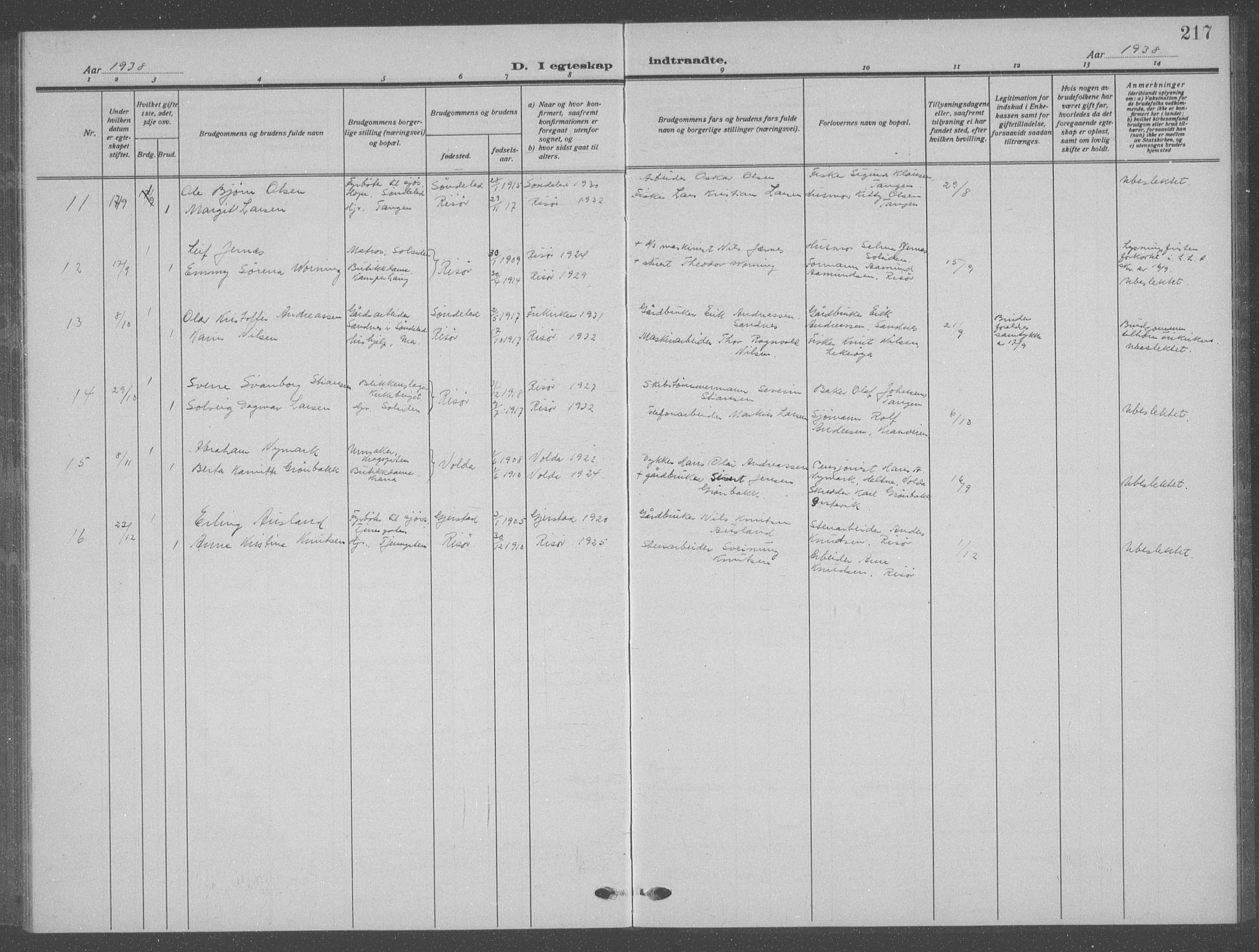 Risør sokneprestkontor, SAK/1111-0035/F/Fb/L0009: Klokkerbok nr. B 9, 1922-1939, s. 217