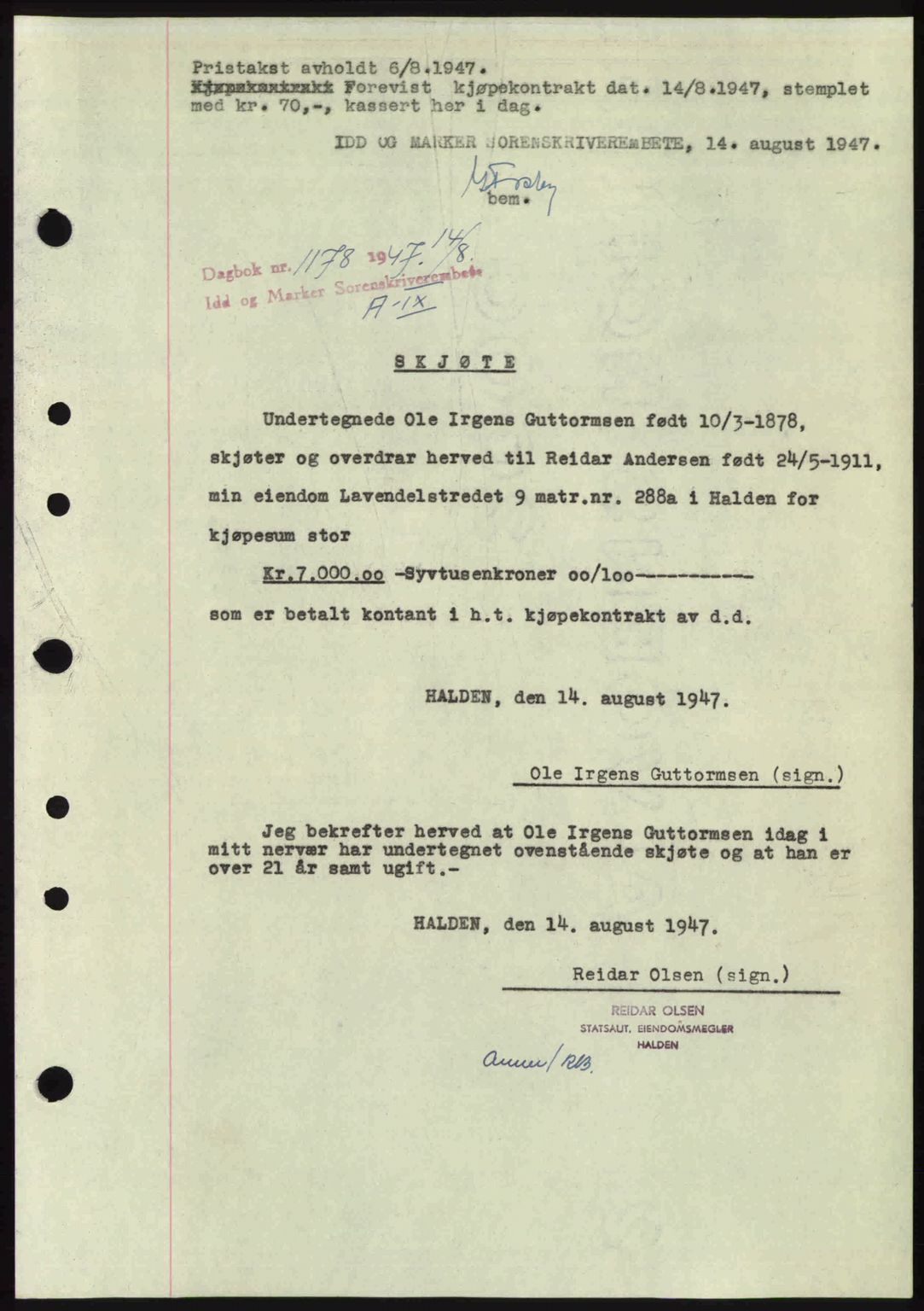 Idd og Marker sorenskriveri, SAO/A-10283/G/Gb/Gbb/L0009: Pantebok nr. A9, 1946-1947, Dagboknr: 1178/1947