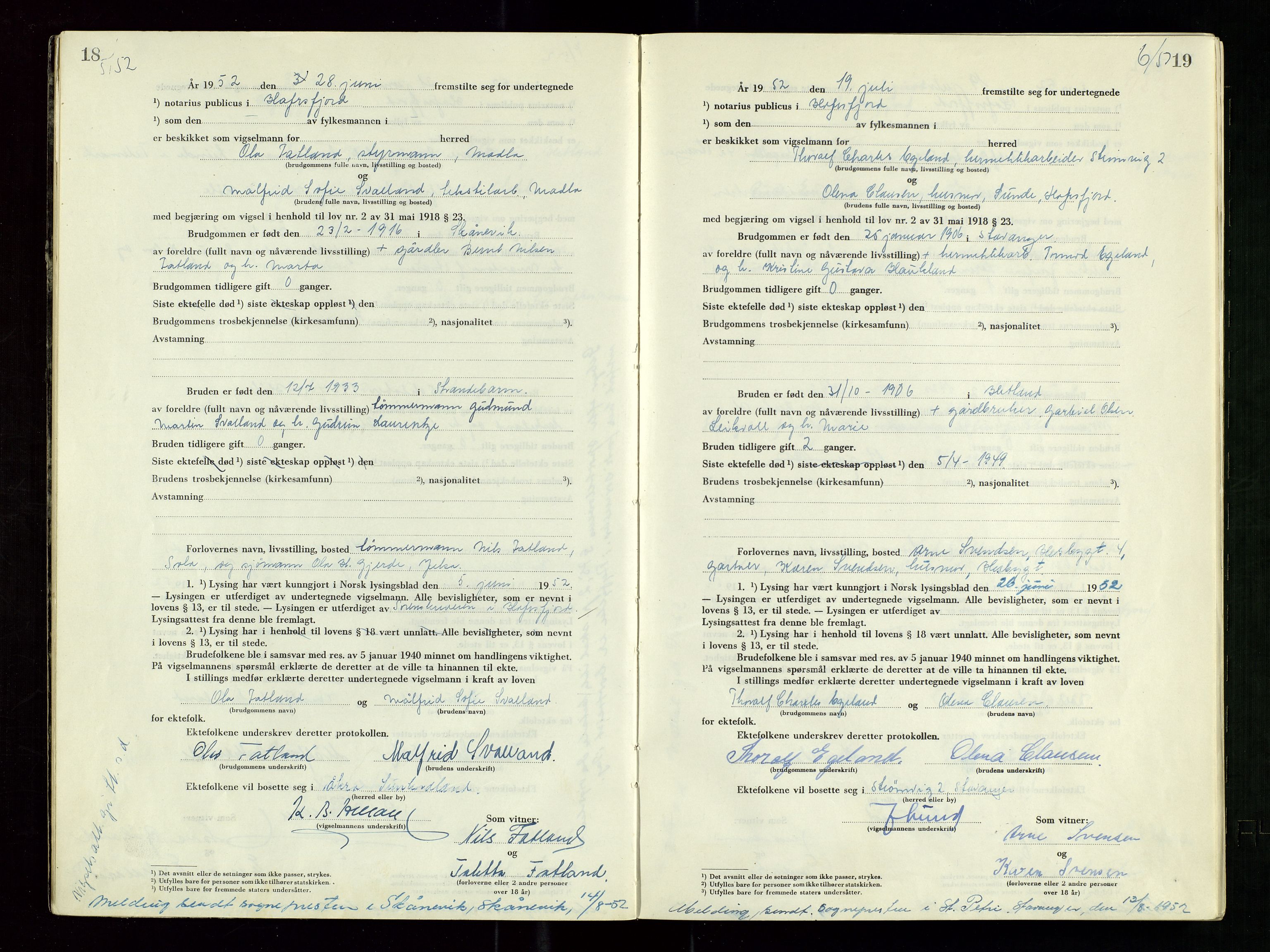 Hafrsfjord sorenskriveri, AV/SAST-A-100313/I/Ic/L0001: "Vigsels-bok", 1951-1959, s. 18-19
