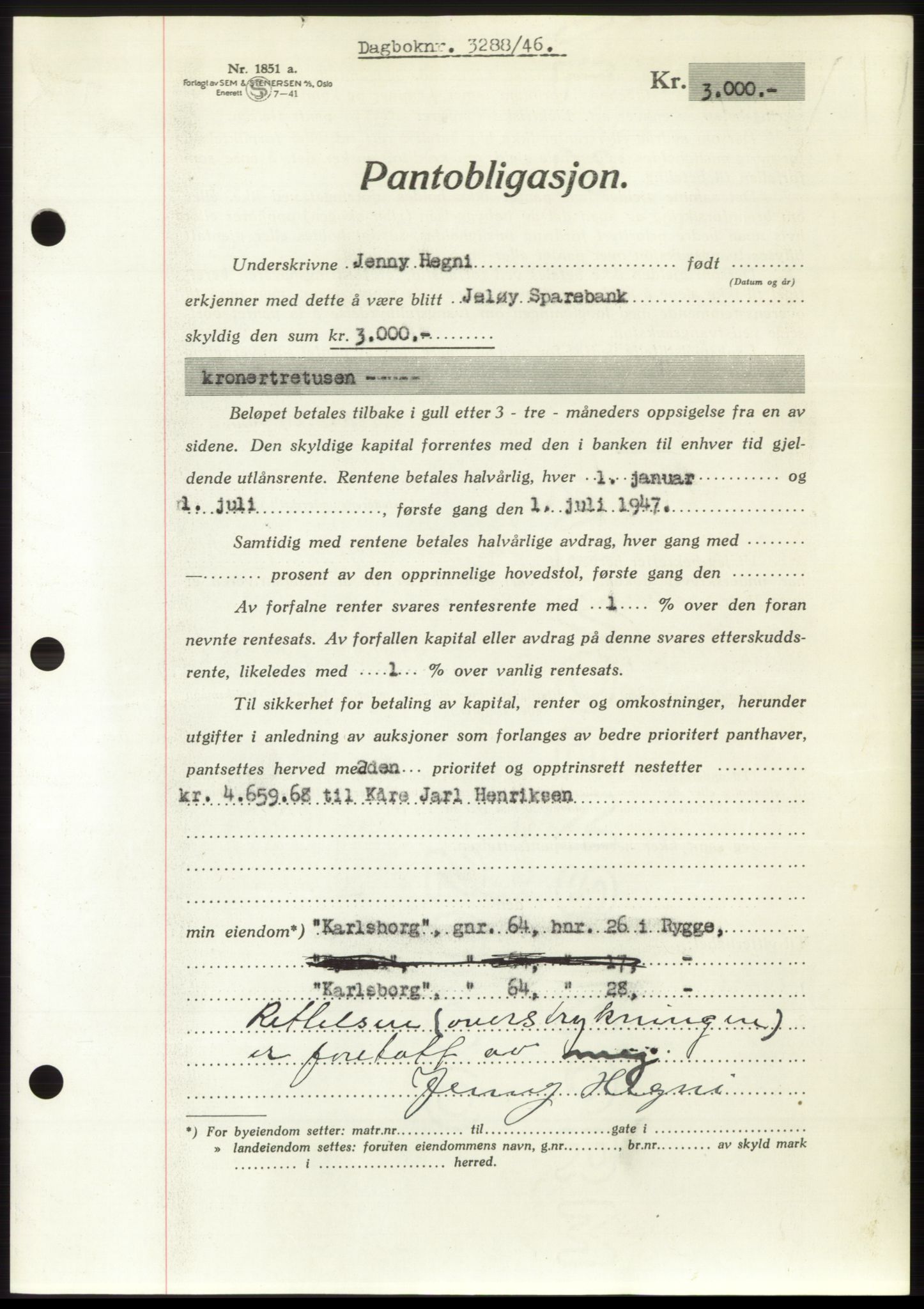 Moss sorenskriveri, SAO/A-10168: Pantebok nr. B16, 1946-1947, Dagboknr: 3288/1946