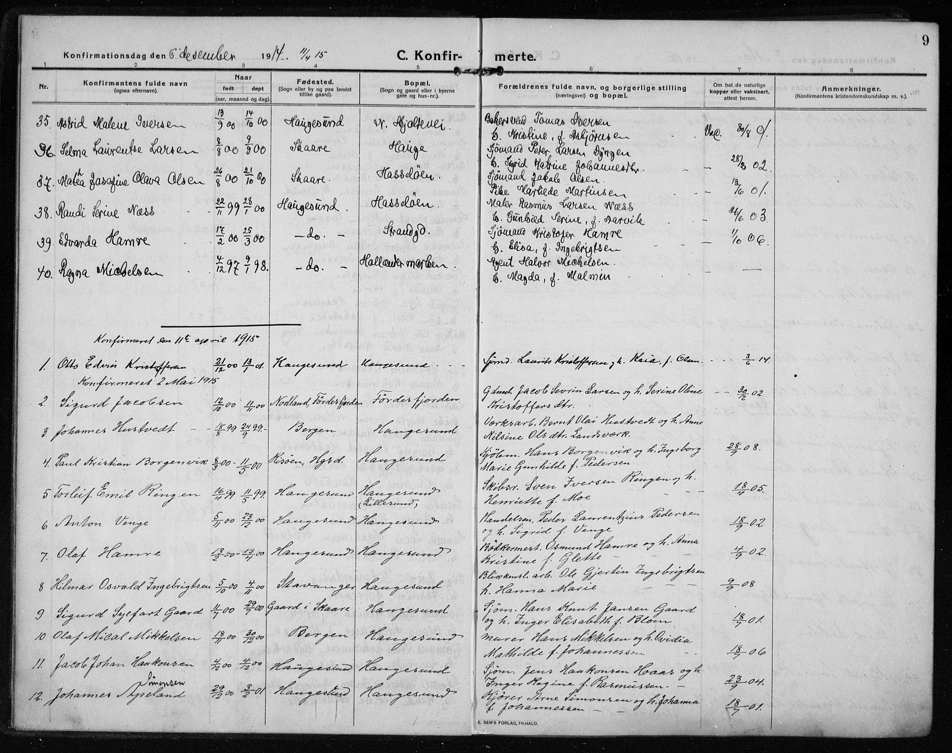 Haugesund sokneprestkontor, AV/SAST-A -101863/H/Ha/Haa/L0009: Ministerialbok nr. A 9, 1914-1929, s. 9