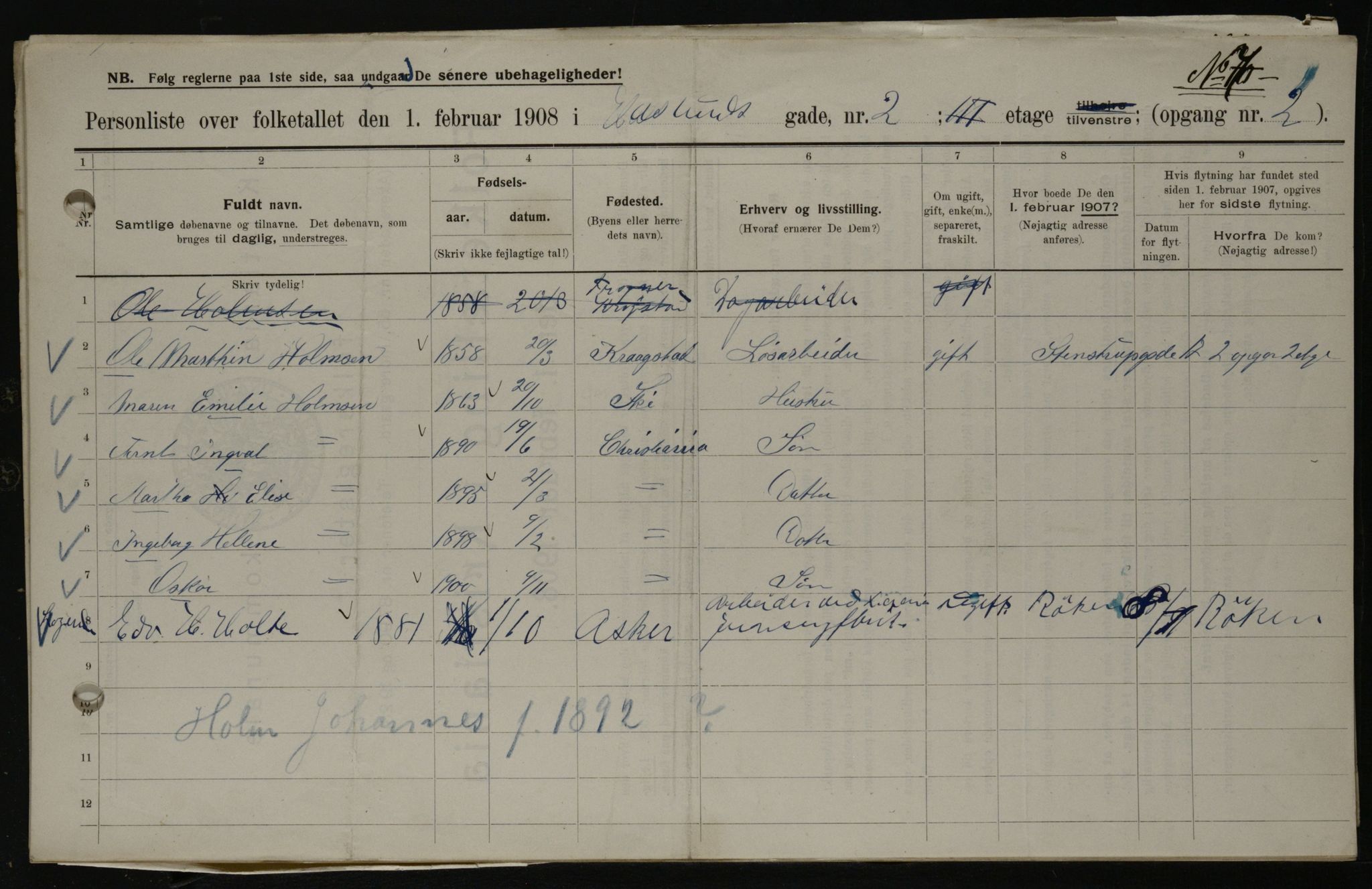 OBA, Kommunal folketelling 1.2.1908 for Kristiania kjøpstad, 1908, s. 24099