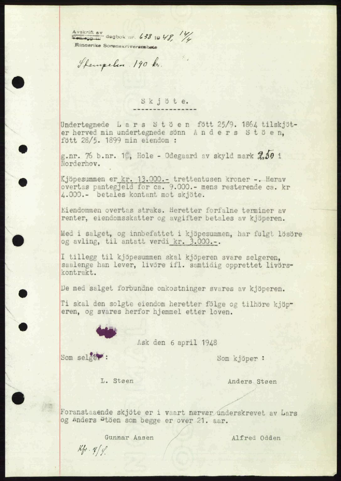 Ringerike sorenskriveri, SAKO/A-105/G/Ga/Gab/L0088: Pantebok nr. A-19, 1948-1948, Dagboknr: 638/1948