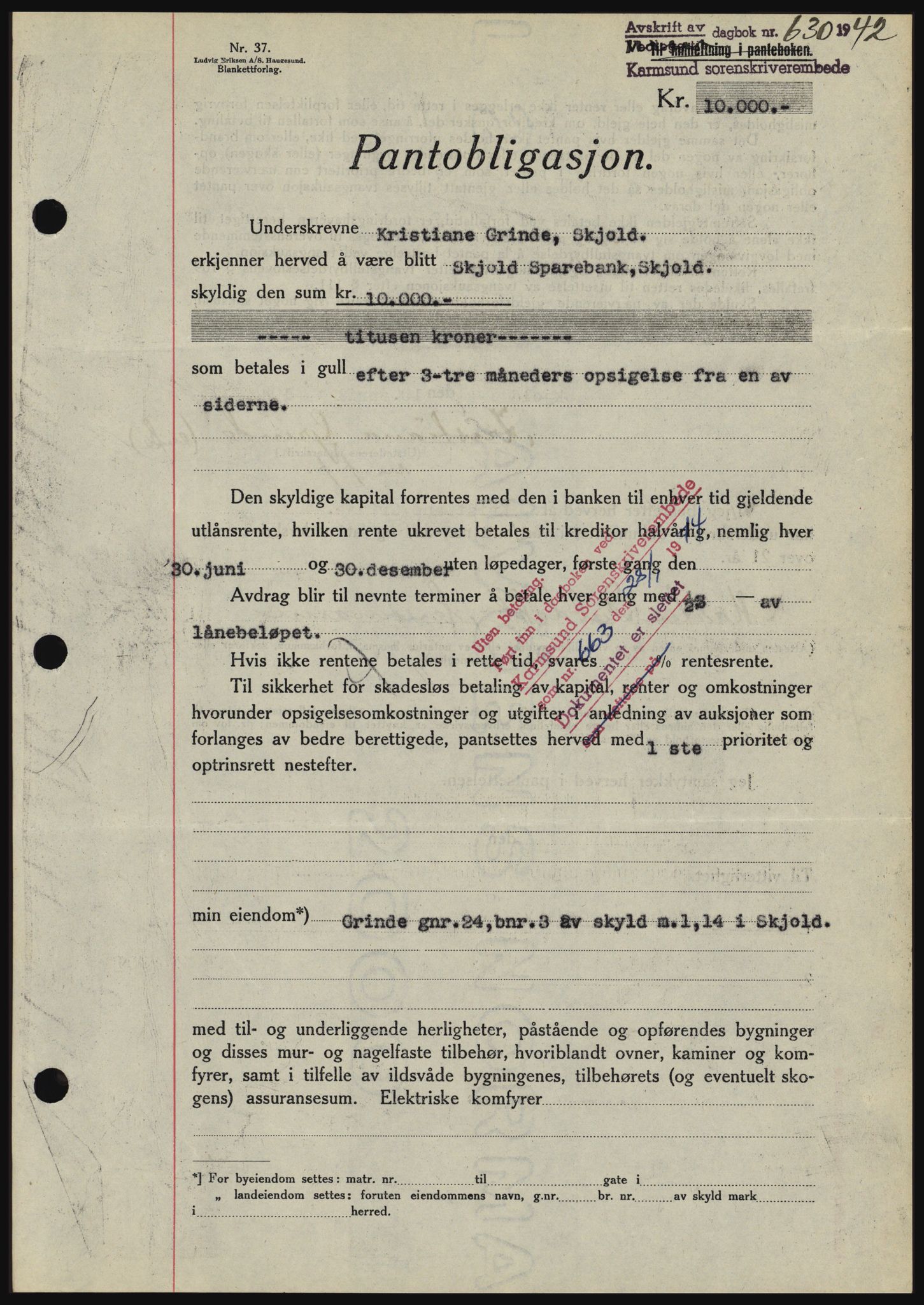 Karmsund sorenskriveri, SAST/A-100311/01/II/IIBBE/L0008: Pantebok nr. B 54, 1942-1943, Dagboknr: 630/1942