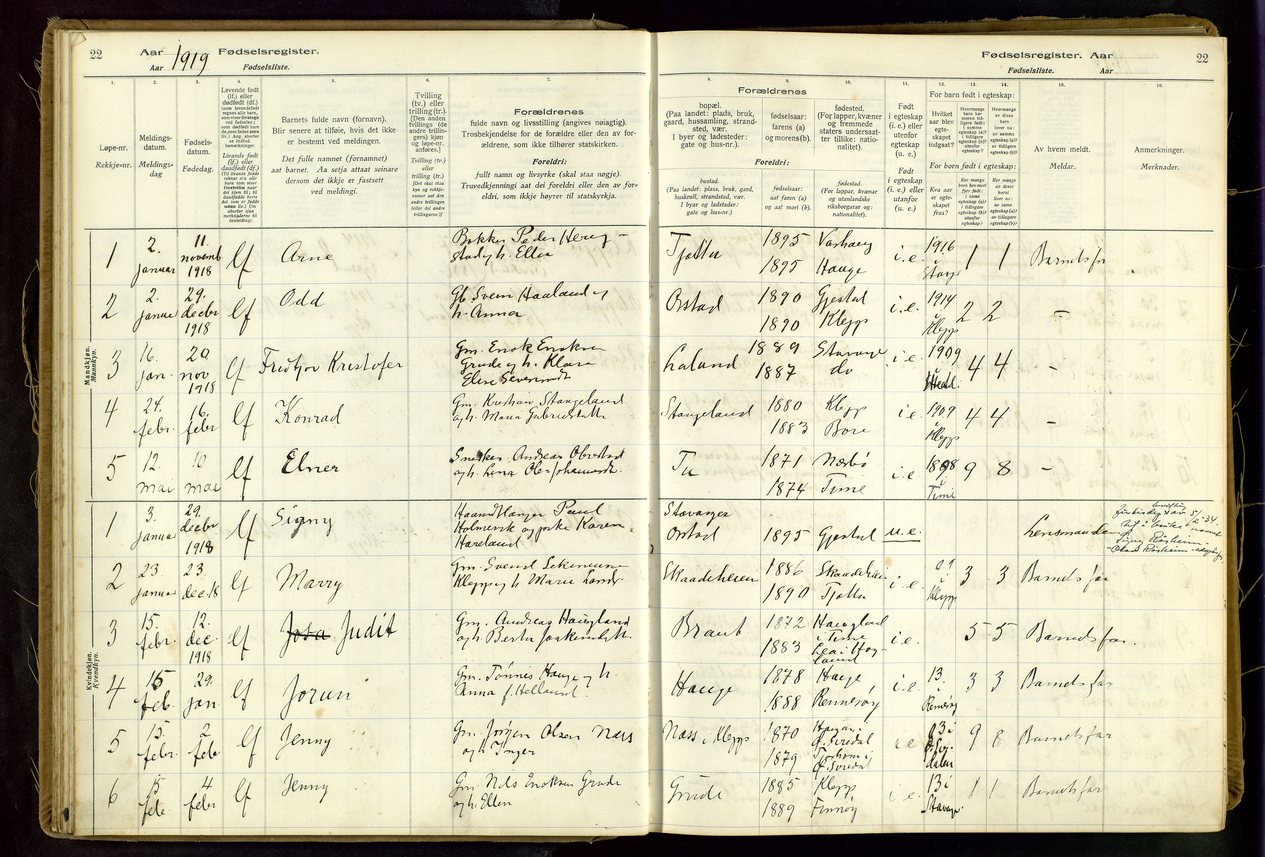 Klepp sokneprestkontor, AV/SAST-A-101803/001/704BAA/L0001: Fødselsregister nr. 1, 1916-1948, s. 22